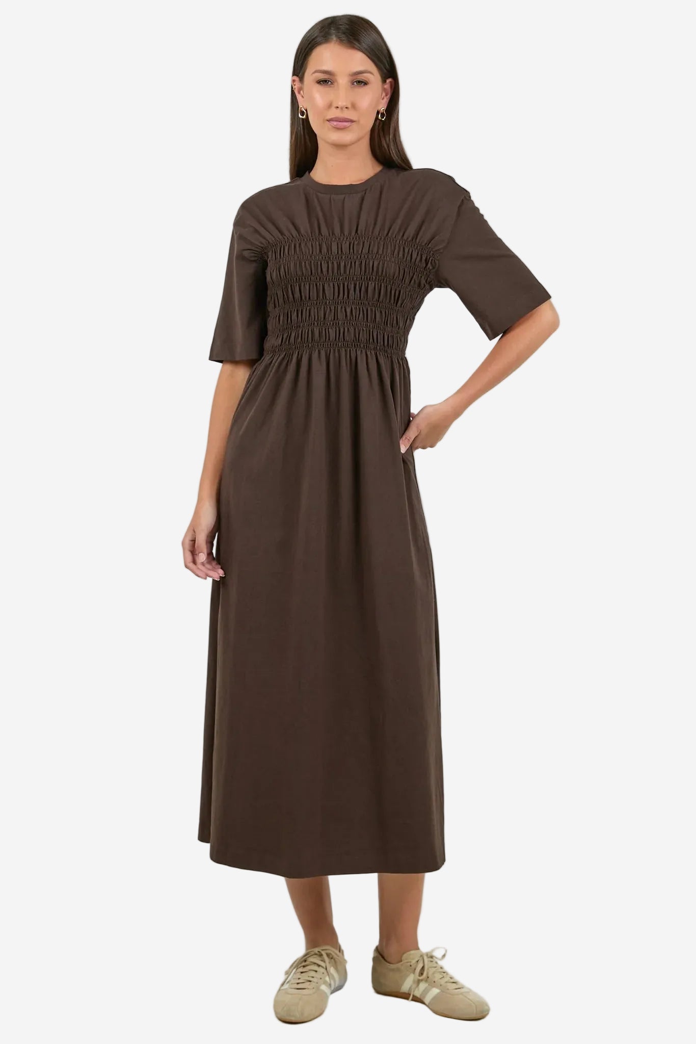 STORIES TO BE TOLD RIPPLE CHOCOLATE SHIRRED BODICE SHORT SLEEVE KNIT MIDI DRESS - THE VOGUE STORE