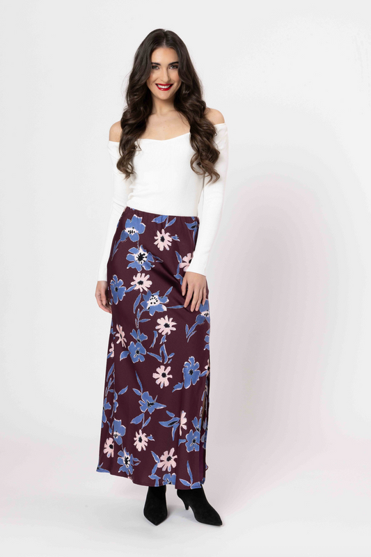 SEEKING LOLA VIVA SKIRT - MERLOT BLOSSOM - THE VOGUE STORE