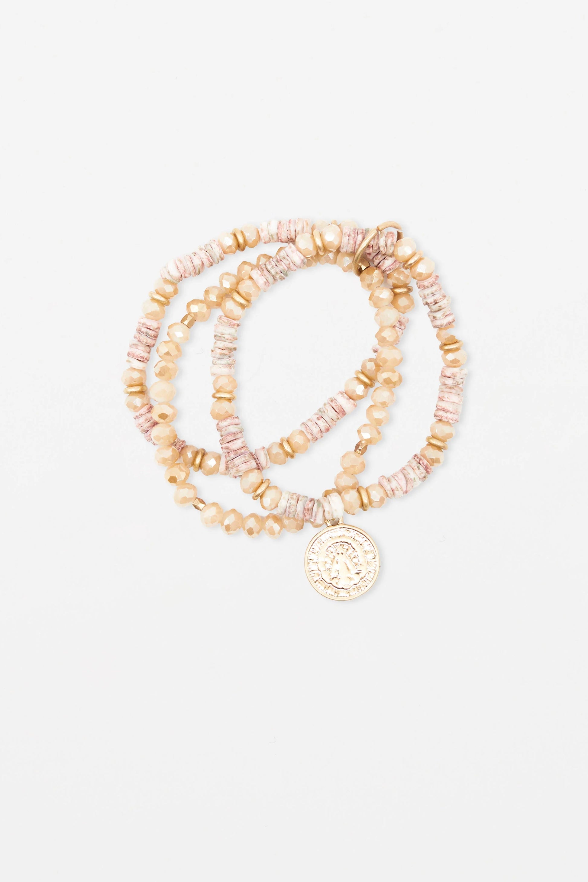 STELLA + GEMMA BRACELET - PEACH MOONSTONE BEADS WITH GOLD COIN - THE VOGUE STORE