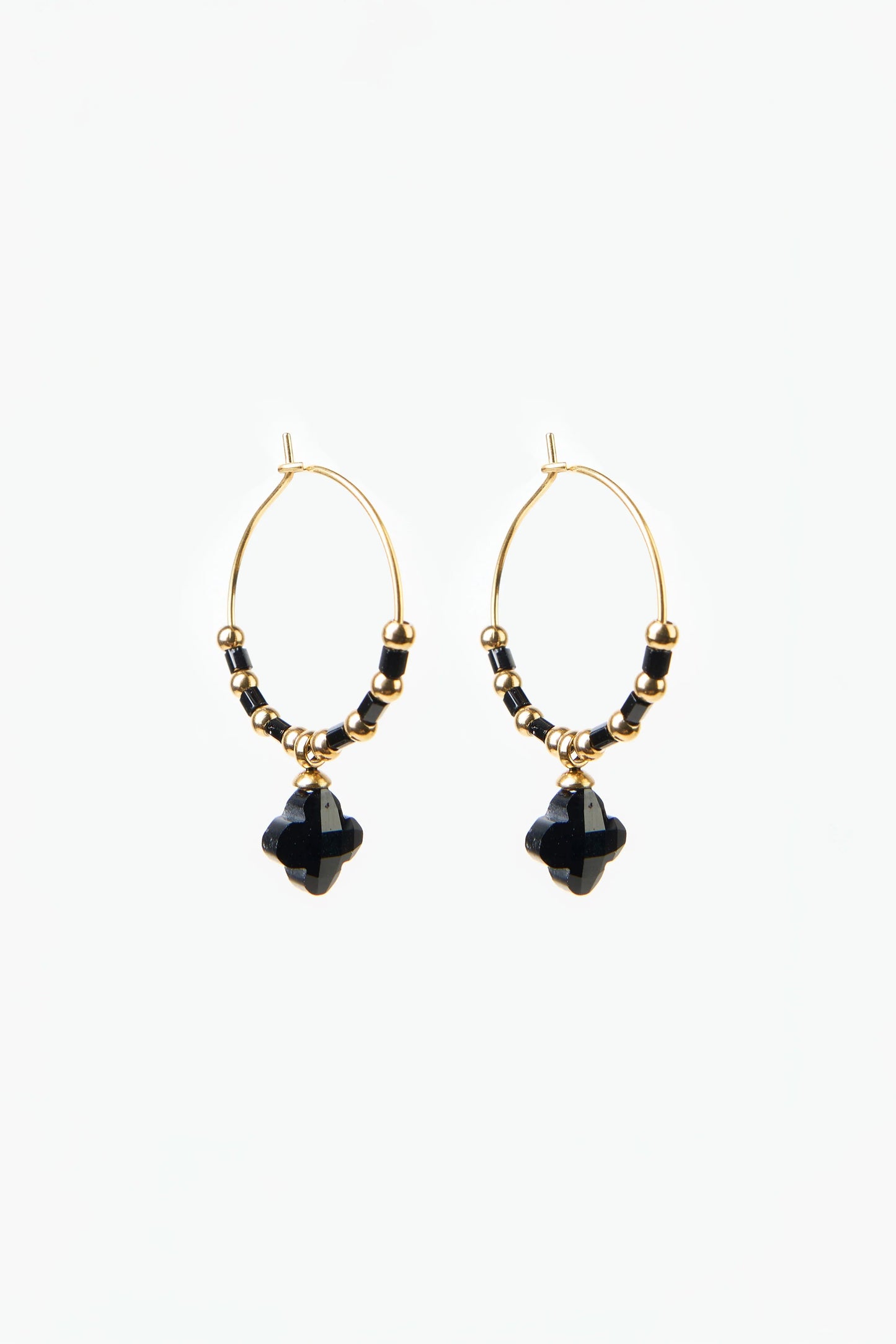 STELLA + GEMMA EARRINGS - GOLD HOOP BLACK CLOVER & BEADS - THE VOGUE STORE