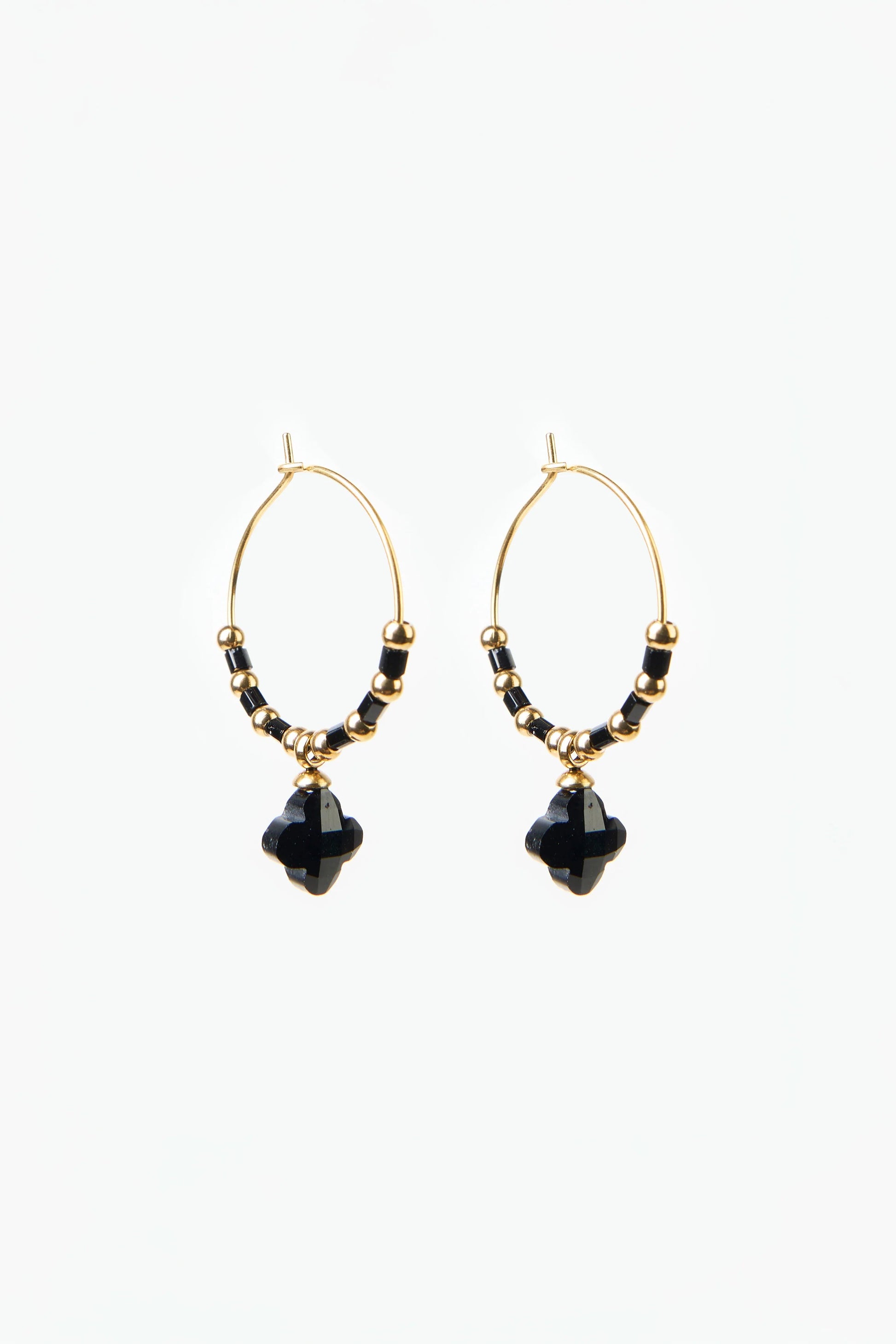 STELLA + GEMMA EARRINGS - GOLD HOOP BLACK CLOVER & BEADS - THE VOGUE STORE