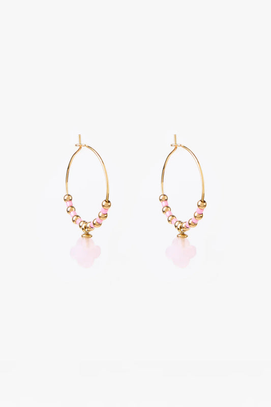 STELLA + GEMMA EARRINGS - GOLD HOOP PINK CLOVER AND BEADS