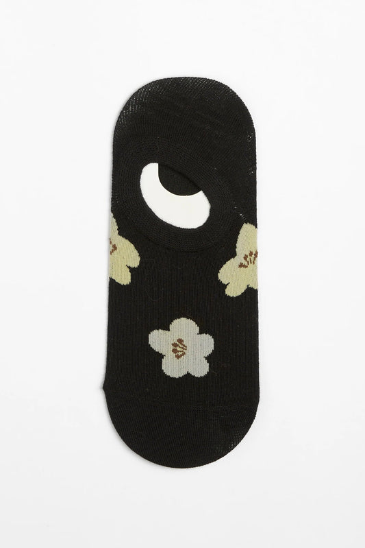 STELLA + GEMMA SOCKS NO SHOW BLACK WITH TAUPE FLOWER - THE VOGUE STORE