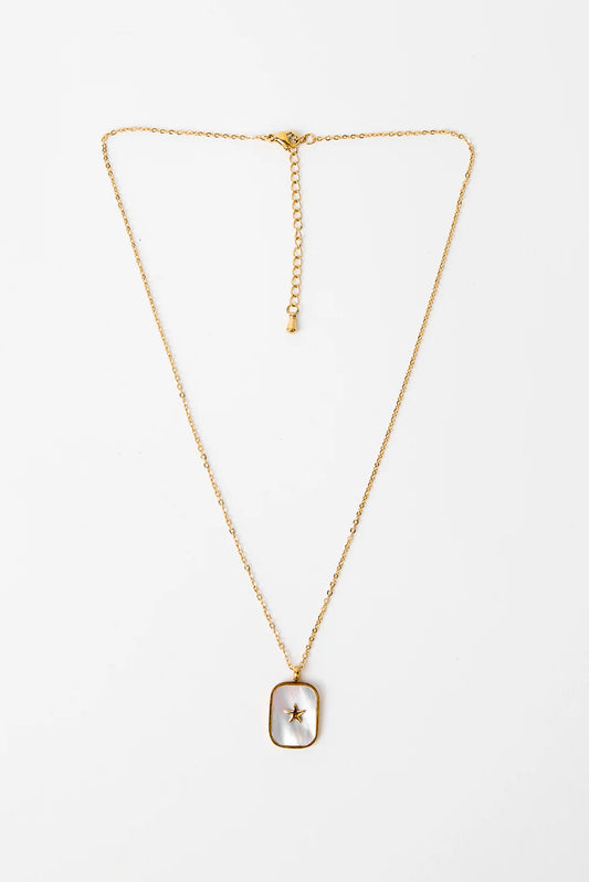 STELLA + GEMMA NECKLACE - GOLD SHELL SQUARE PENDENT WITH MINI STAR - THE VOGUE STORE