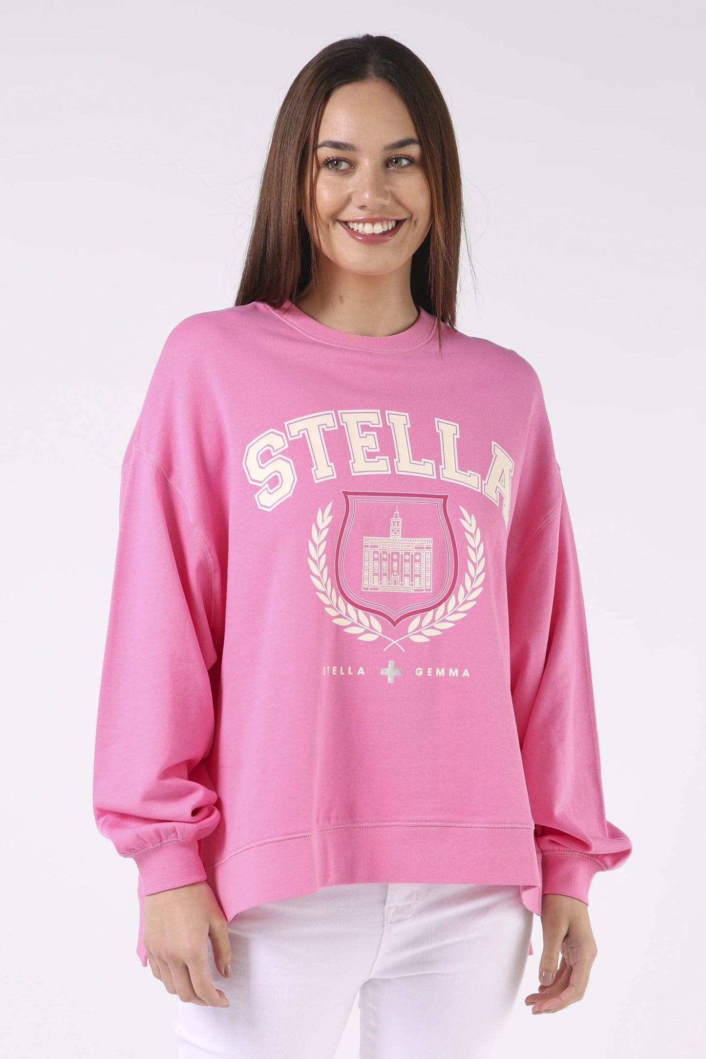 STELLA + GEMMA SUNDAY SWEATER - BRIGHT PINK - COLLEGE HARVARD - THE VOGUE STORE