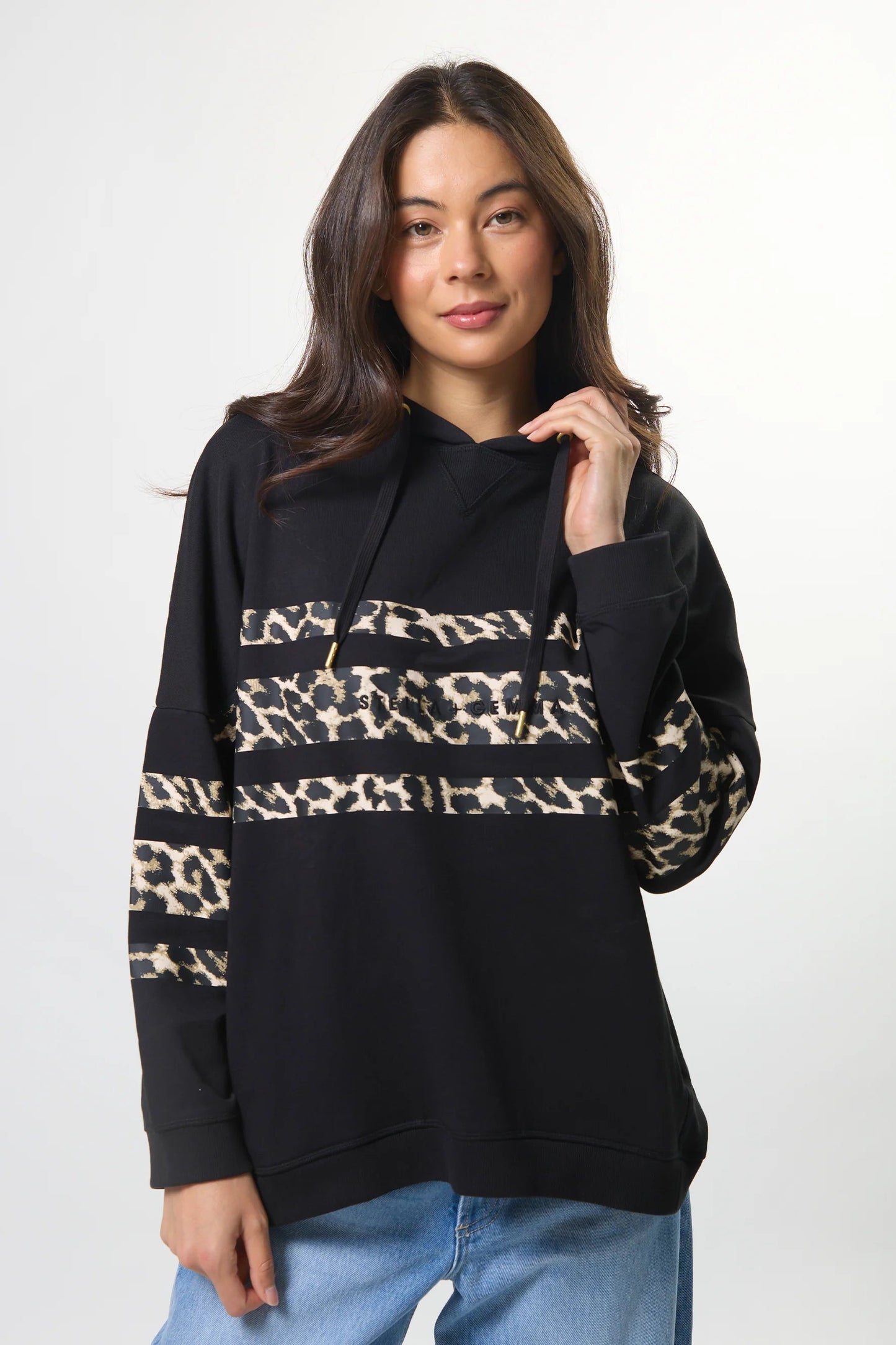 STELLA + GEMMA NEWPORT HOODIE BLACK LEOPARD ICON STRIPE - THE VOGUE STORE