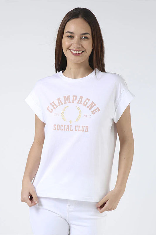 STELLA + GEMMA CUFF SLEEVE T-SHIRT - WHITE CHAMPAGNE SOCIAL CLUB - THE VOGUE STORE