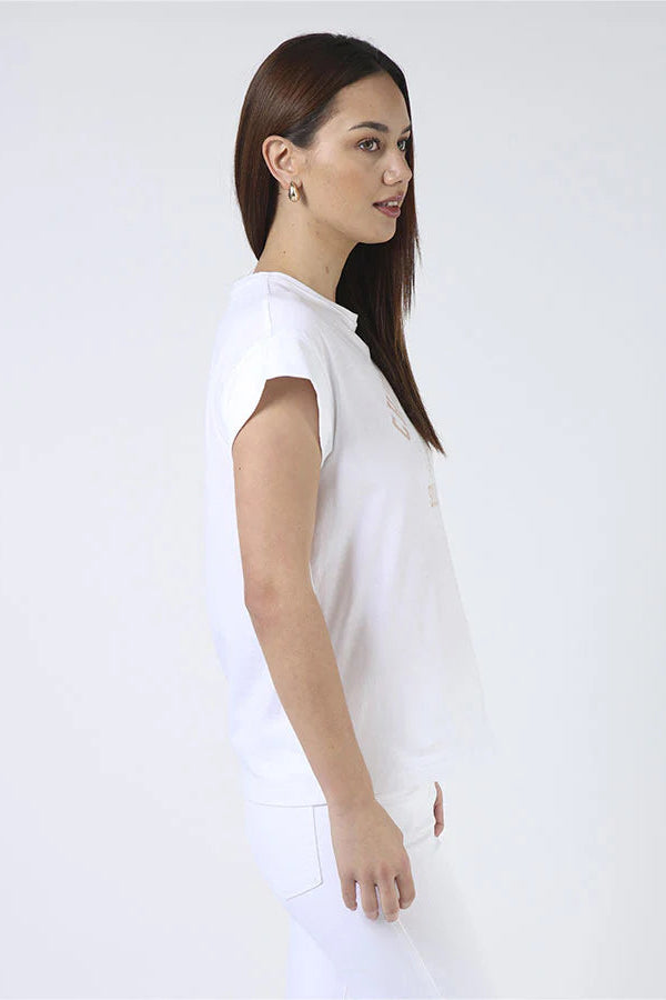 STELLA + GEMMA CUFF SLEEVE T-SHIRT - WHITE CHAMPAGNE SOCIAL CLUB - THE VOGUE STORE