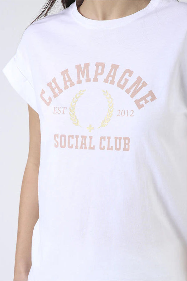 STELLA + GEMMA CUFF SLEEVE T-SHIRT - WHITE CHAMPAGNE SOCIAL CLUB - THE VOGUE STORE