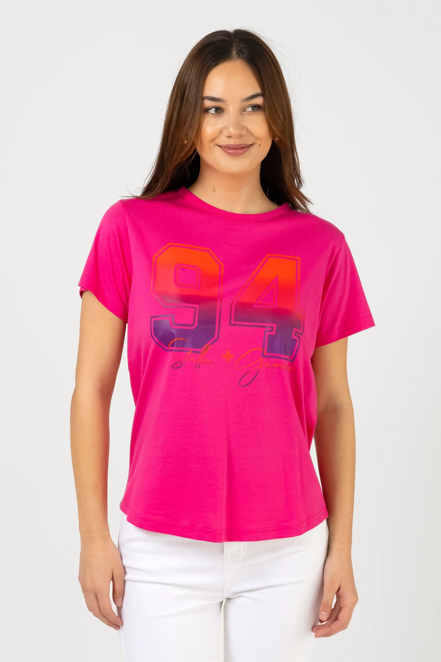 STELLA + GEMMA ACE T-SHIRT - OMBRE VARSITY HOT PINK - THE VOGUE STORE