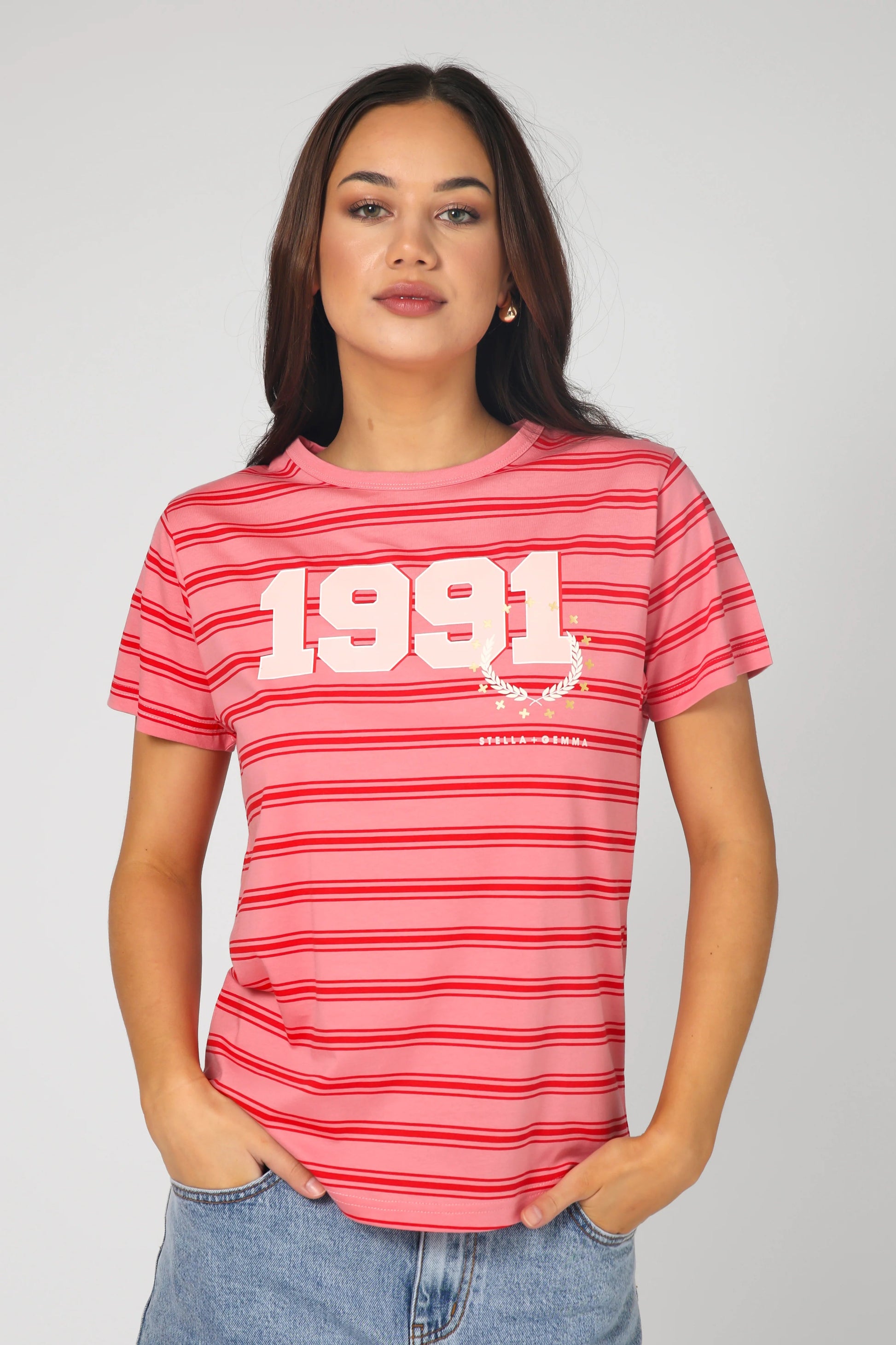 STELLA + GEMMA ACE TEE - STRIPE BASE 1991 PINK - THE VOGUE STORE