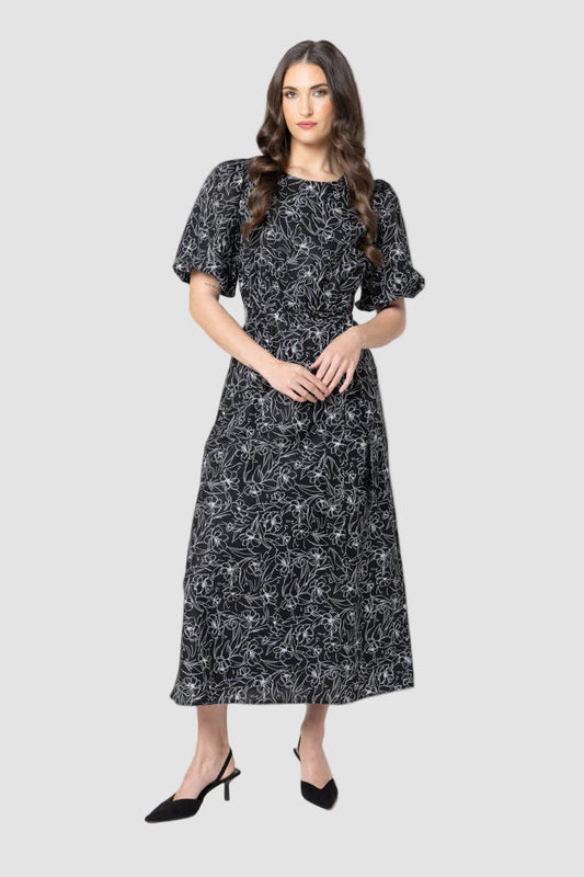 SEEKING LOLA SPARKLING DRESS - BLACK FLORAL SKETCH - THE VOGUE STORE