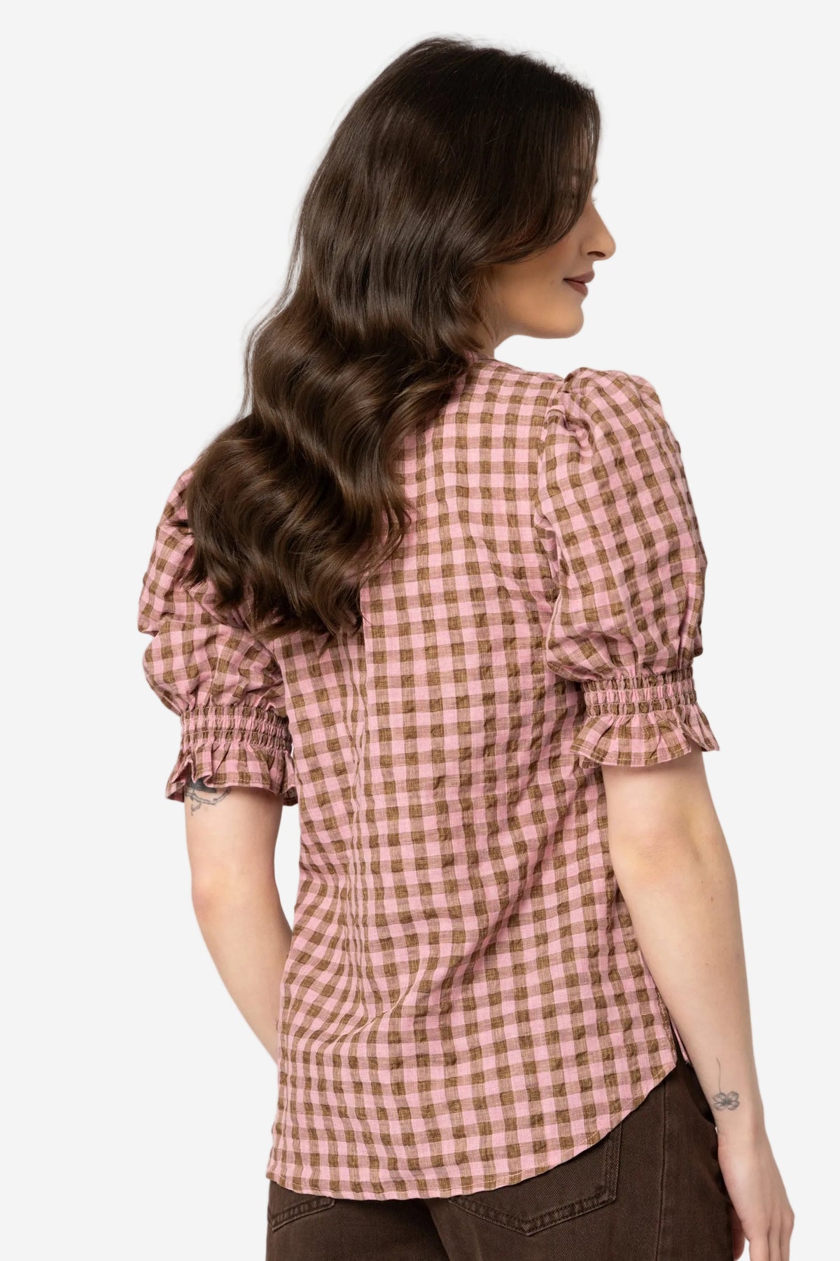 SEEKING LOLA BUTTERFLY TOP - CHESTNUT CHECK - THE VOGUE STORE
