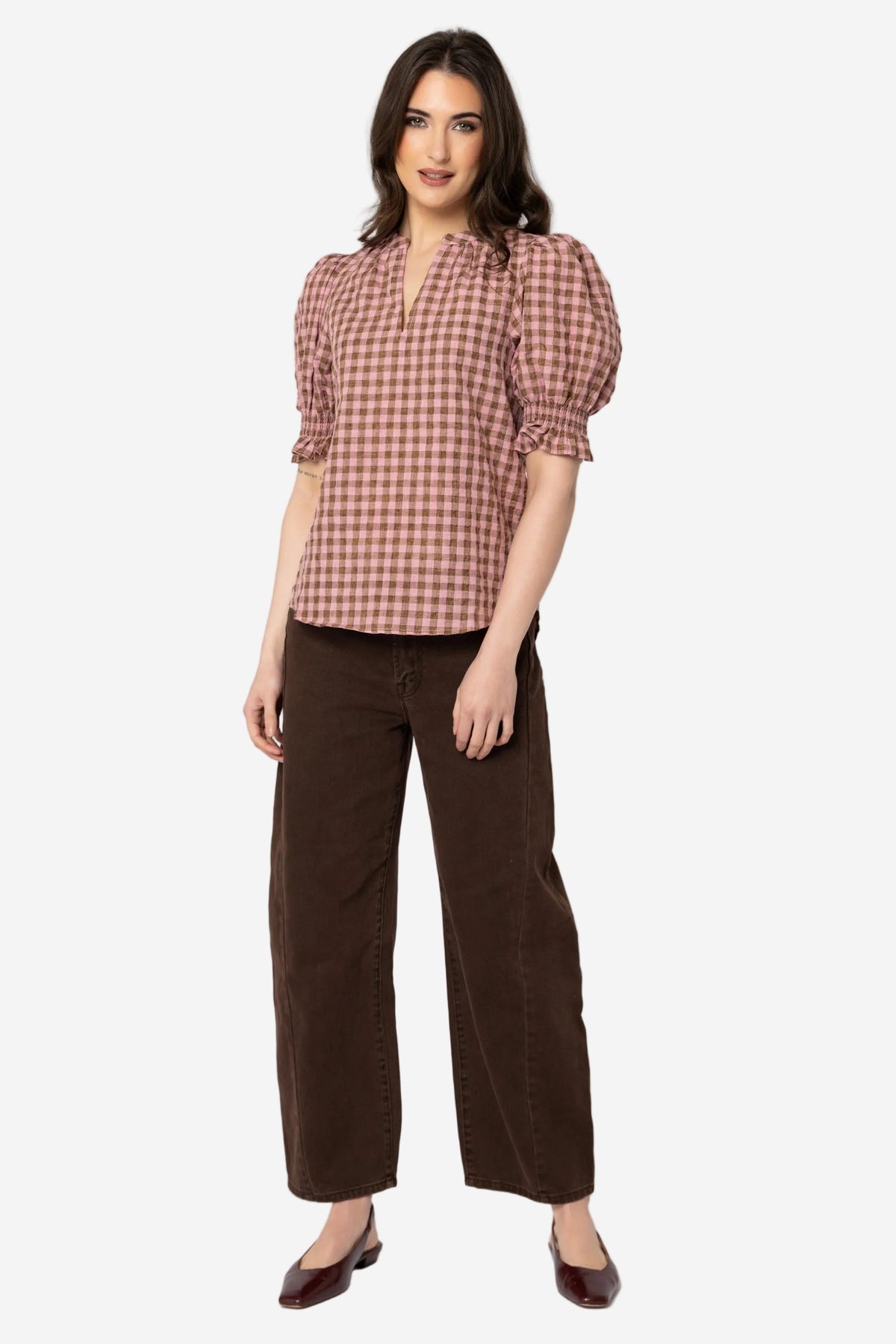 SEEKING LOLA BUTTERFLY TOP - CHESTNUT CHECK - THE VOGUE STORE
