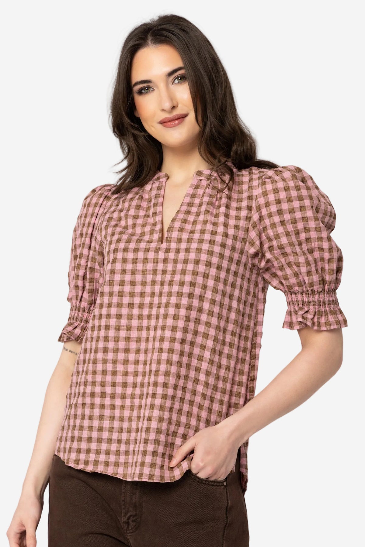 SEEKING LOLA BUTTERFLY TOP - CHESTNUT CHECK - THE VOGUE STORE