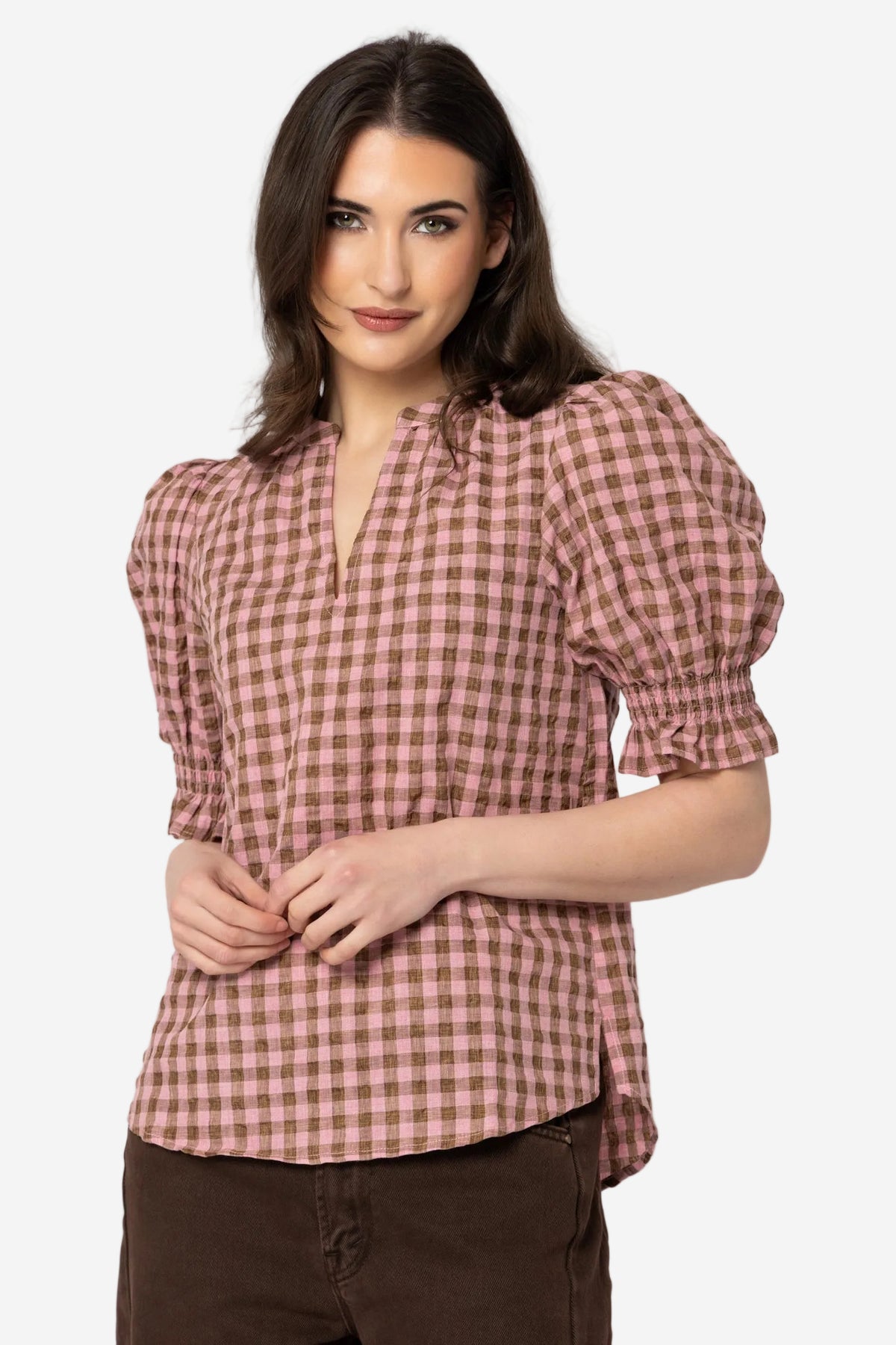 SEEKING LOLA BUTTERFLY TOP - CHESTNUT CHECK - THE VOGUE STORE