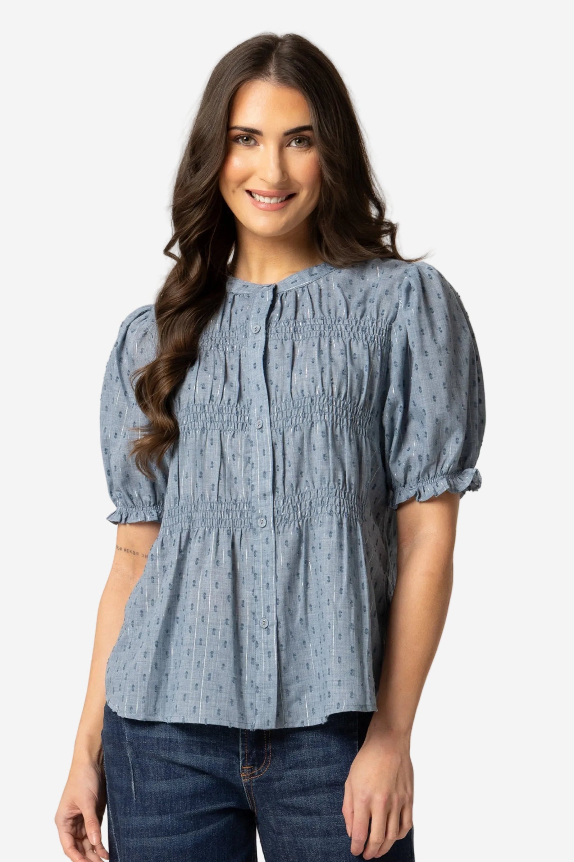 SEEKING LOLA BONITA TOP - DENIM SHIMMER - THE VOGUE STORE