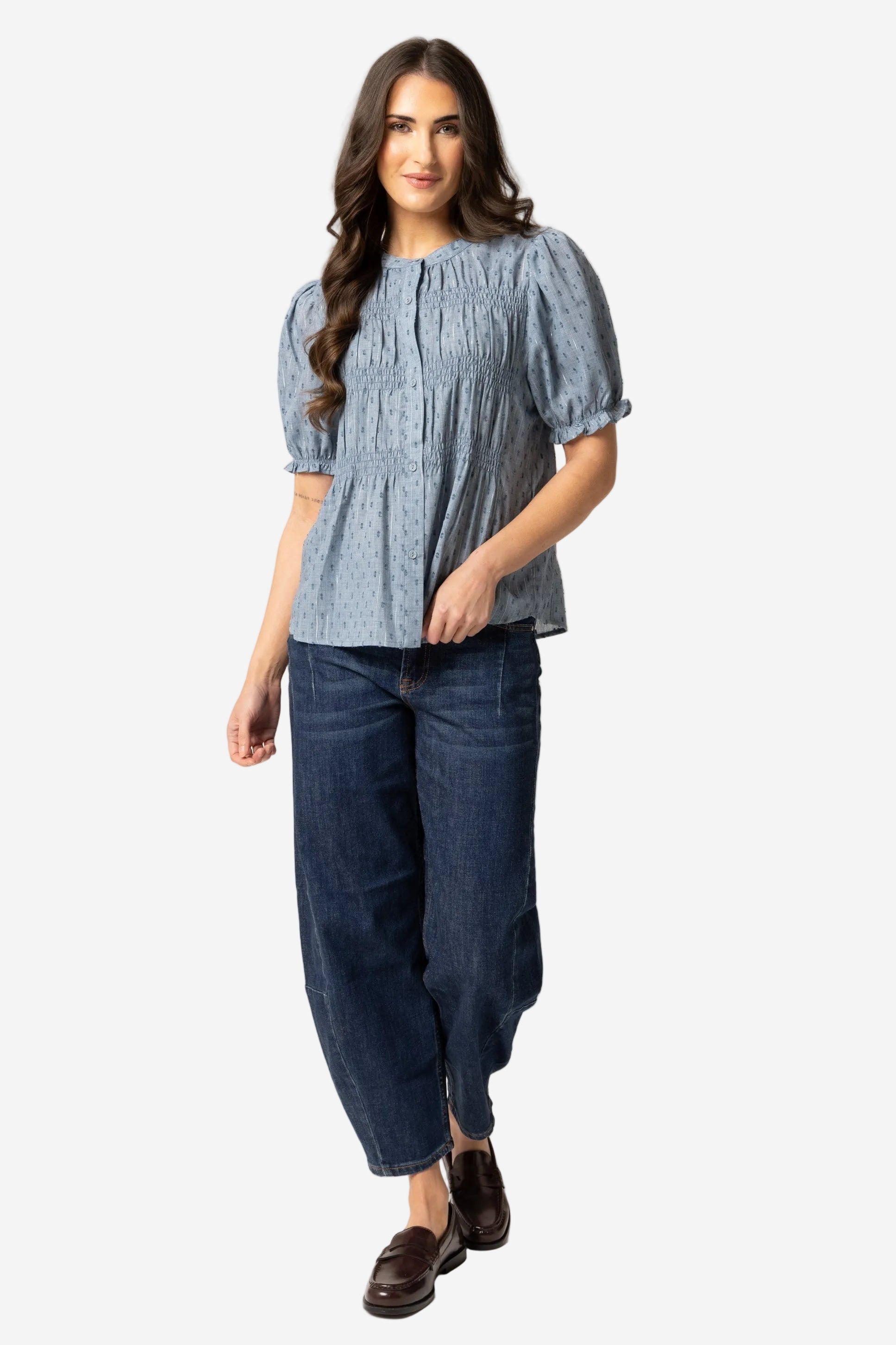 SEEKING LOLA BONITA TOP - DENIM SHIMMER - THE VOGUE STORE
