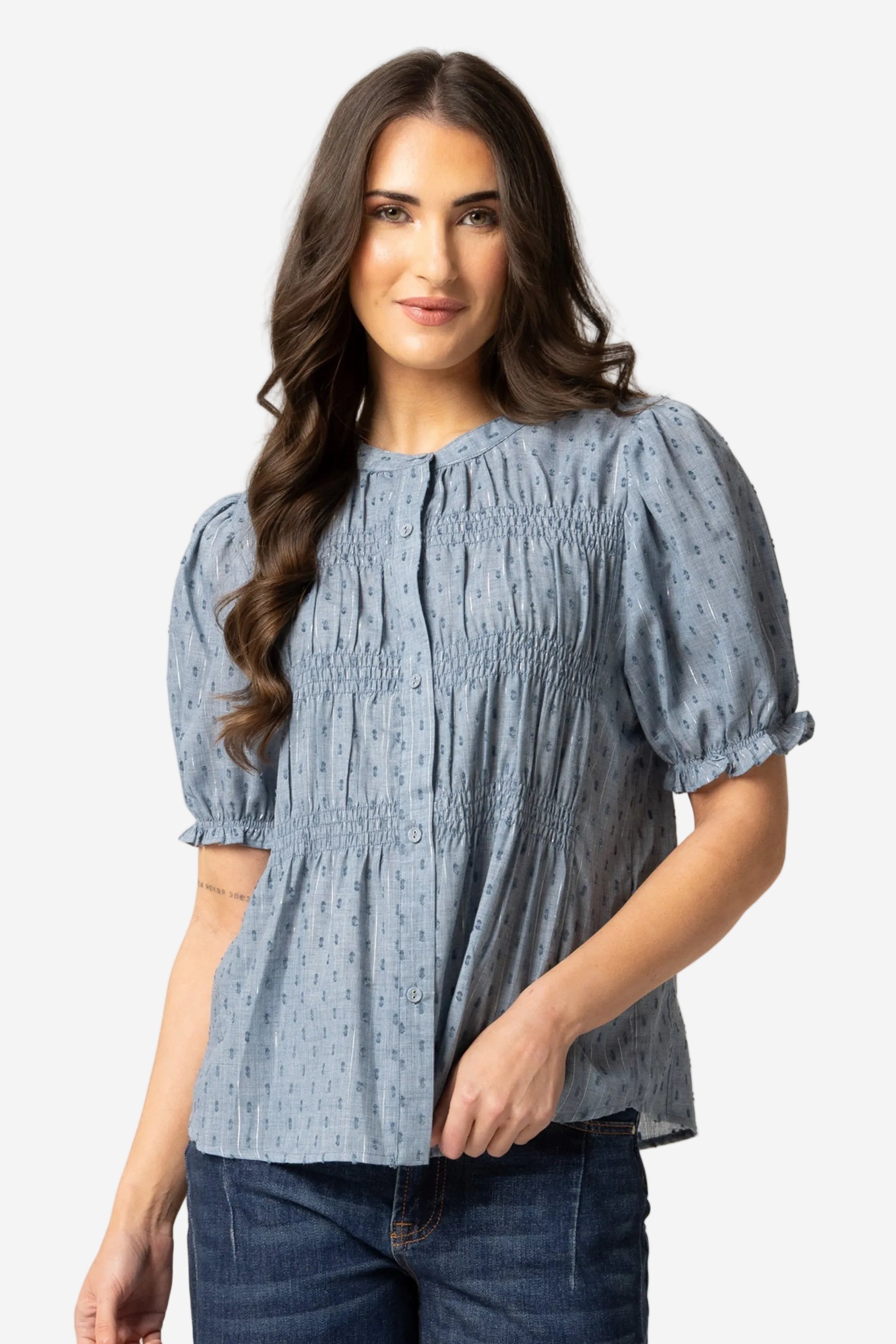 SEEKING LOLA BONITA TOP - DENIM SHIMMER - THE VOGUE STORE