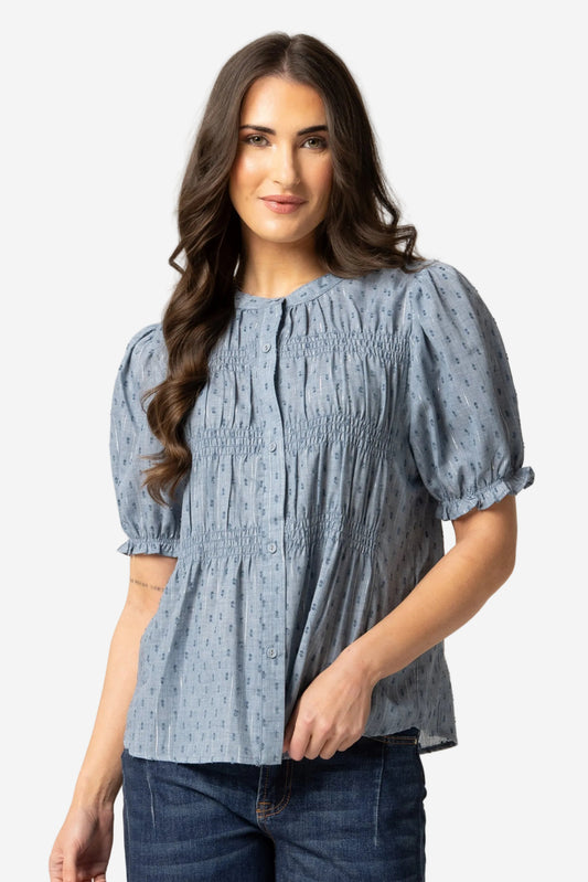 SEEKING LOLA BONITA TOP - DENIM SHIMMER - THE VOGUE STORE