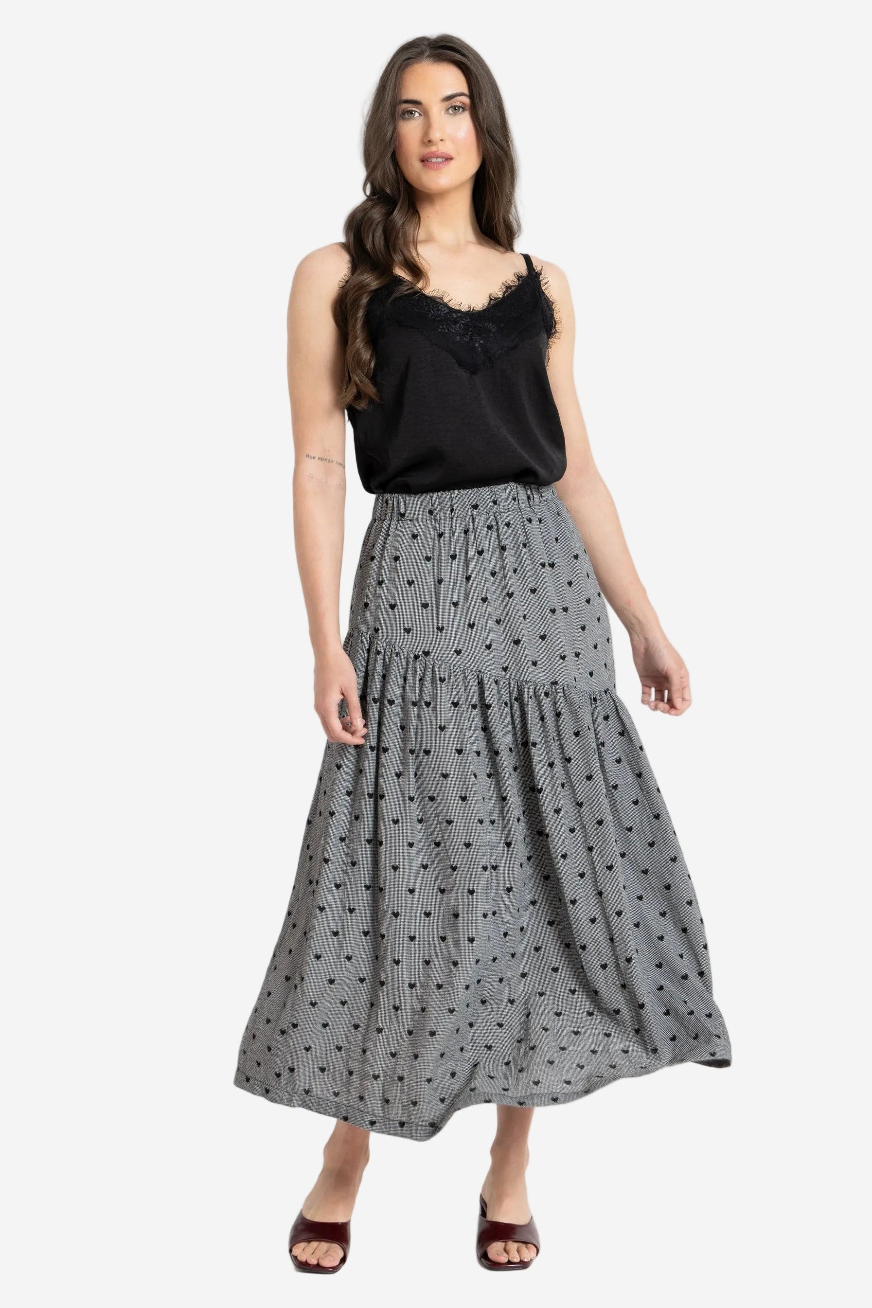 SEEKING LOLA DEVINE MAXI SKIRT - BLACK HEART - THE VOGUE STORE