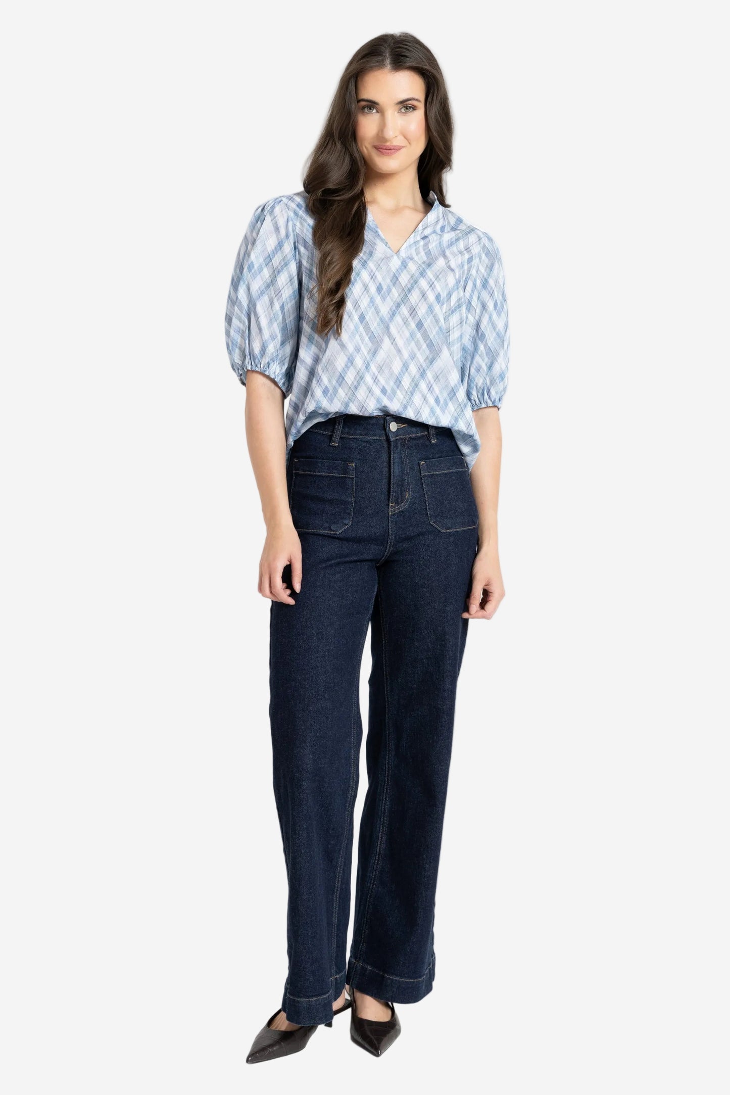 SEEKING LOLA VACATION TOP - DENIM CHECK - THE VOGUE STORE