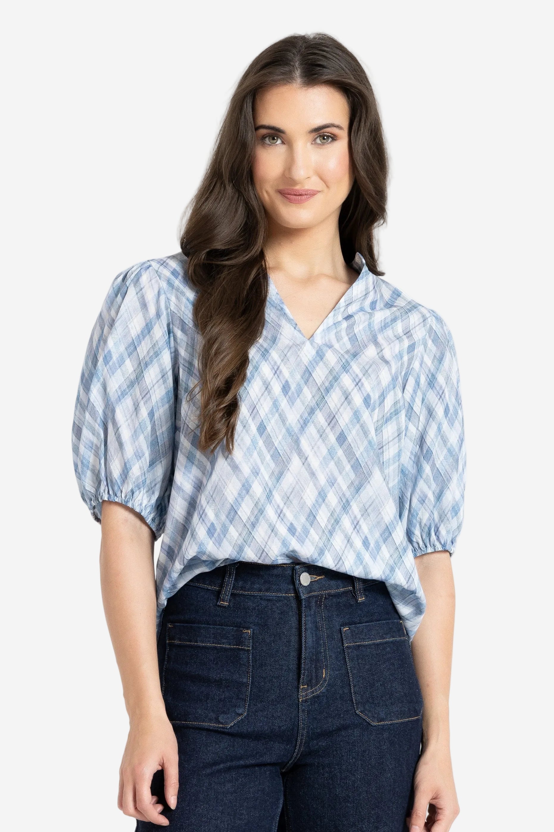 SEEKING LOLA VACATION TOP - DENIM CHECK - THE VOGUE STORE