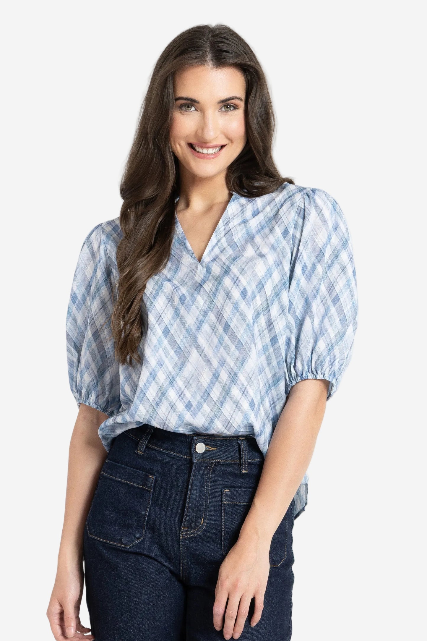 SEEKING LOLA VACATION TOP - DENIM CHECK - THE VOGUE STORE