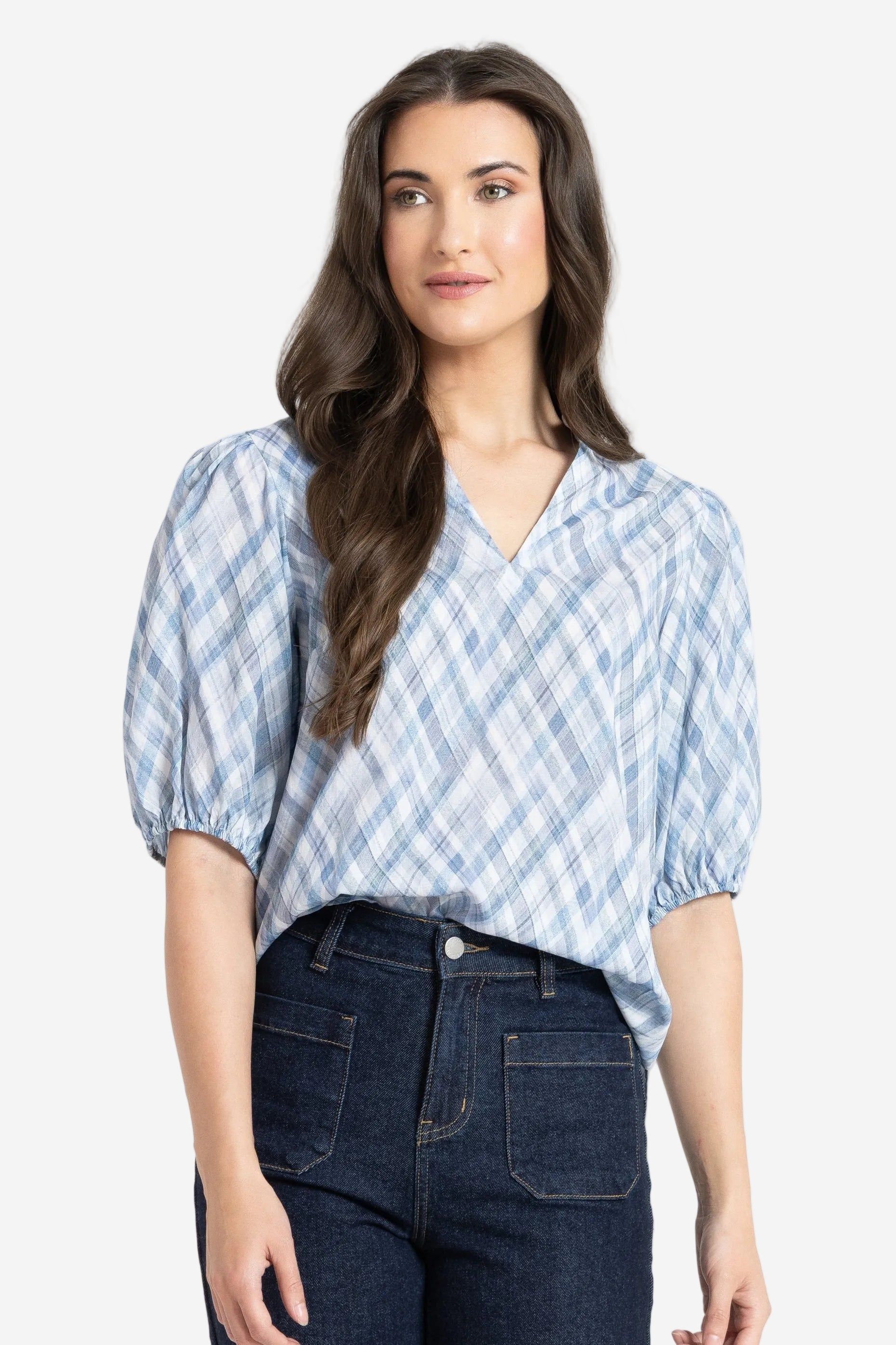 SEEKING LOLA VACATION TOP - DENIM CHECK - THE VOGUE STORE