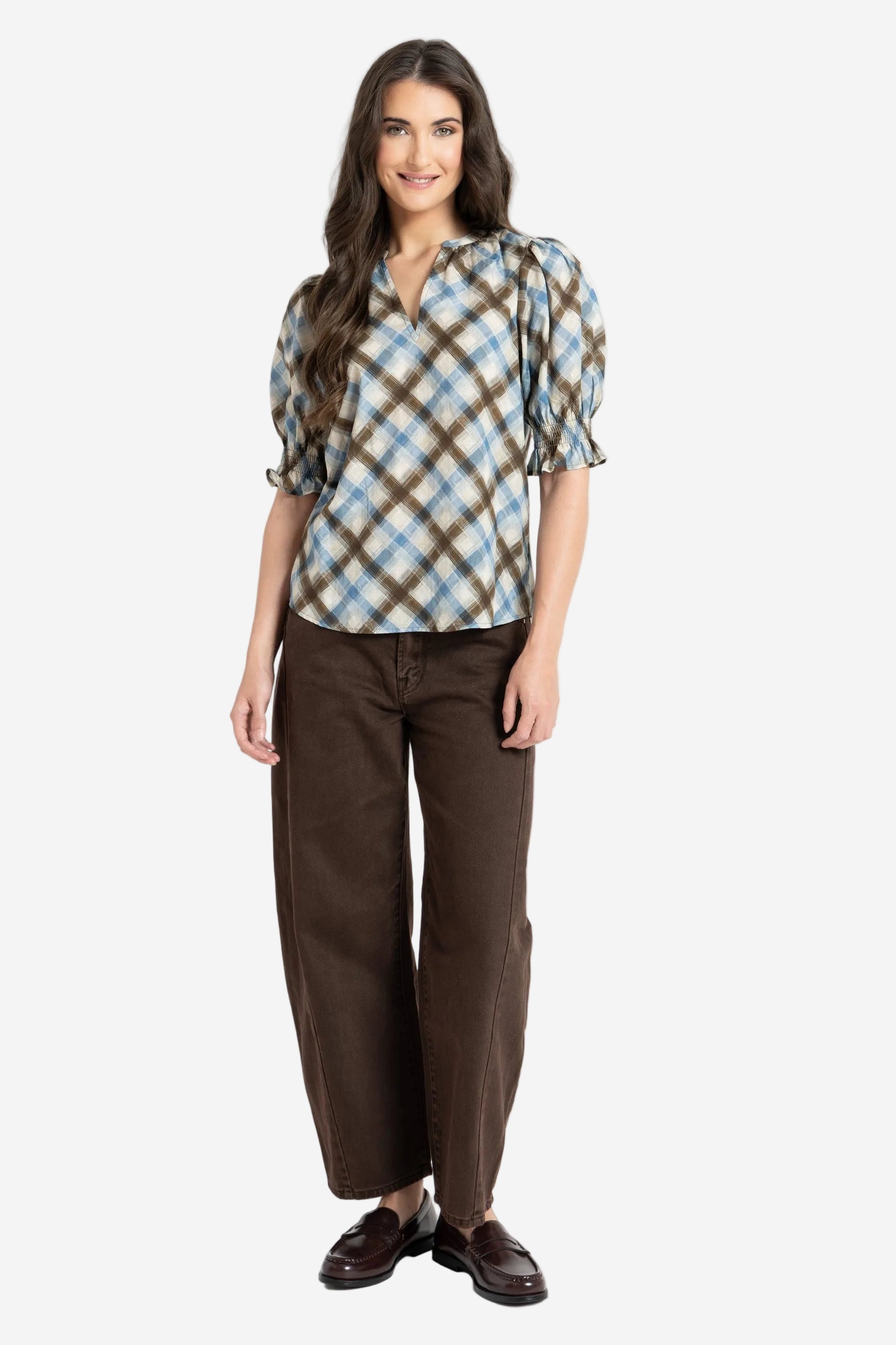 SEEKING LOLA RELAXED BUTTERYFLY TOP - HARMONY CHECK - THE VOGUE STORE