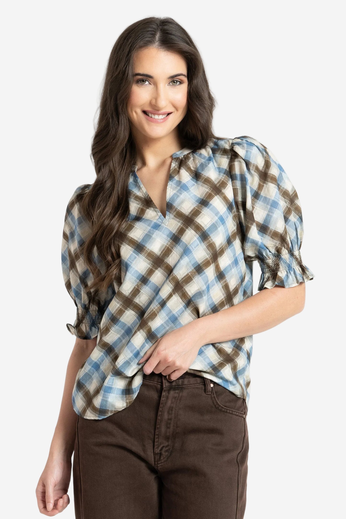 SEEKING LOLA RELAXED BUTTERYFLY TOP - HARMONY CHECK - THE VOGUE STORE