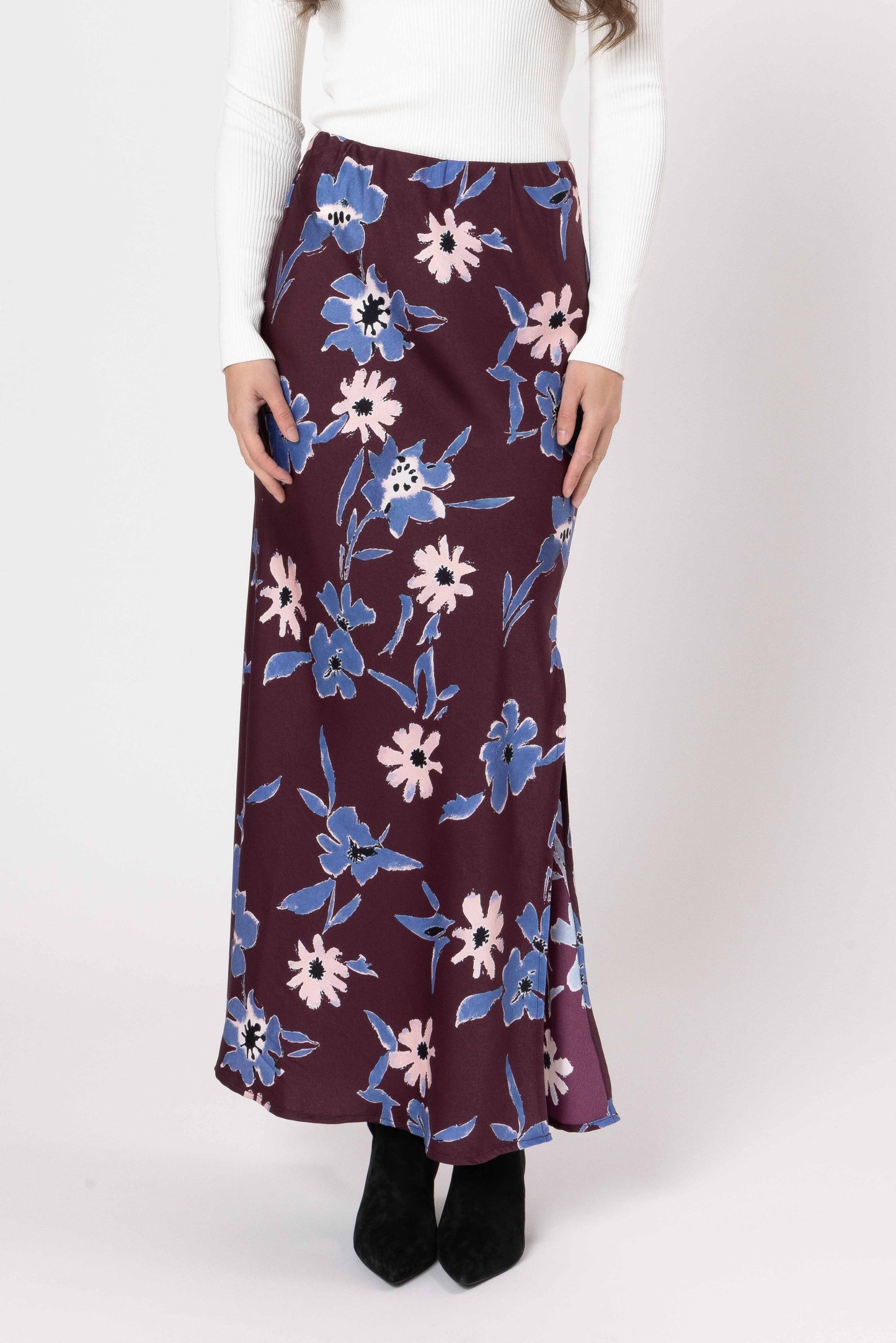 SEEKING LOLA VIVA SKIRT - MERLOT BLOSSOM - THE VOGUE STORE