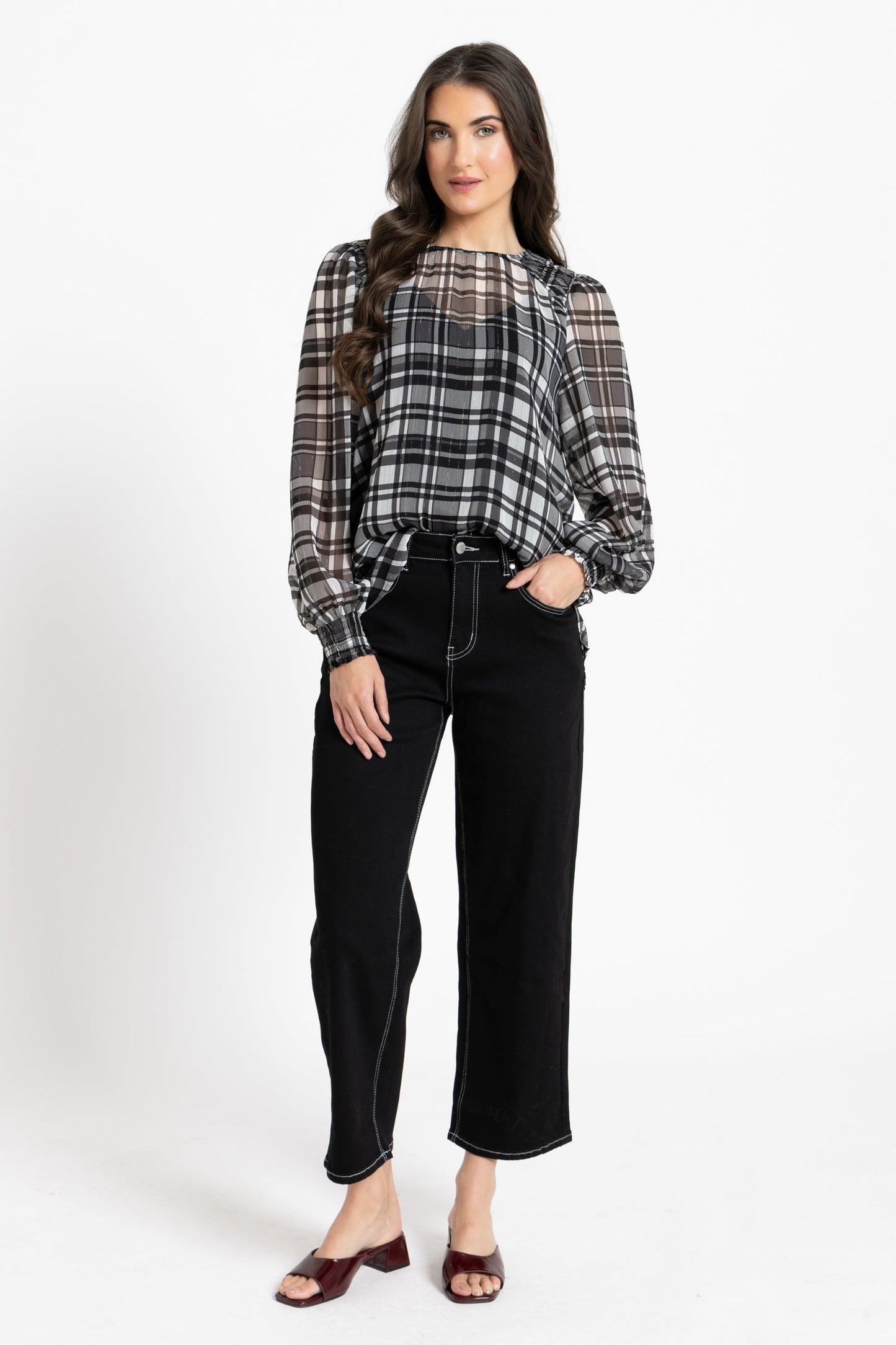 SEEKING LOLA HONEY COMBE BLOUSE - BLACK LUREX CHECK - THE VOGUE STORE