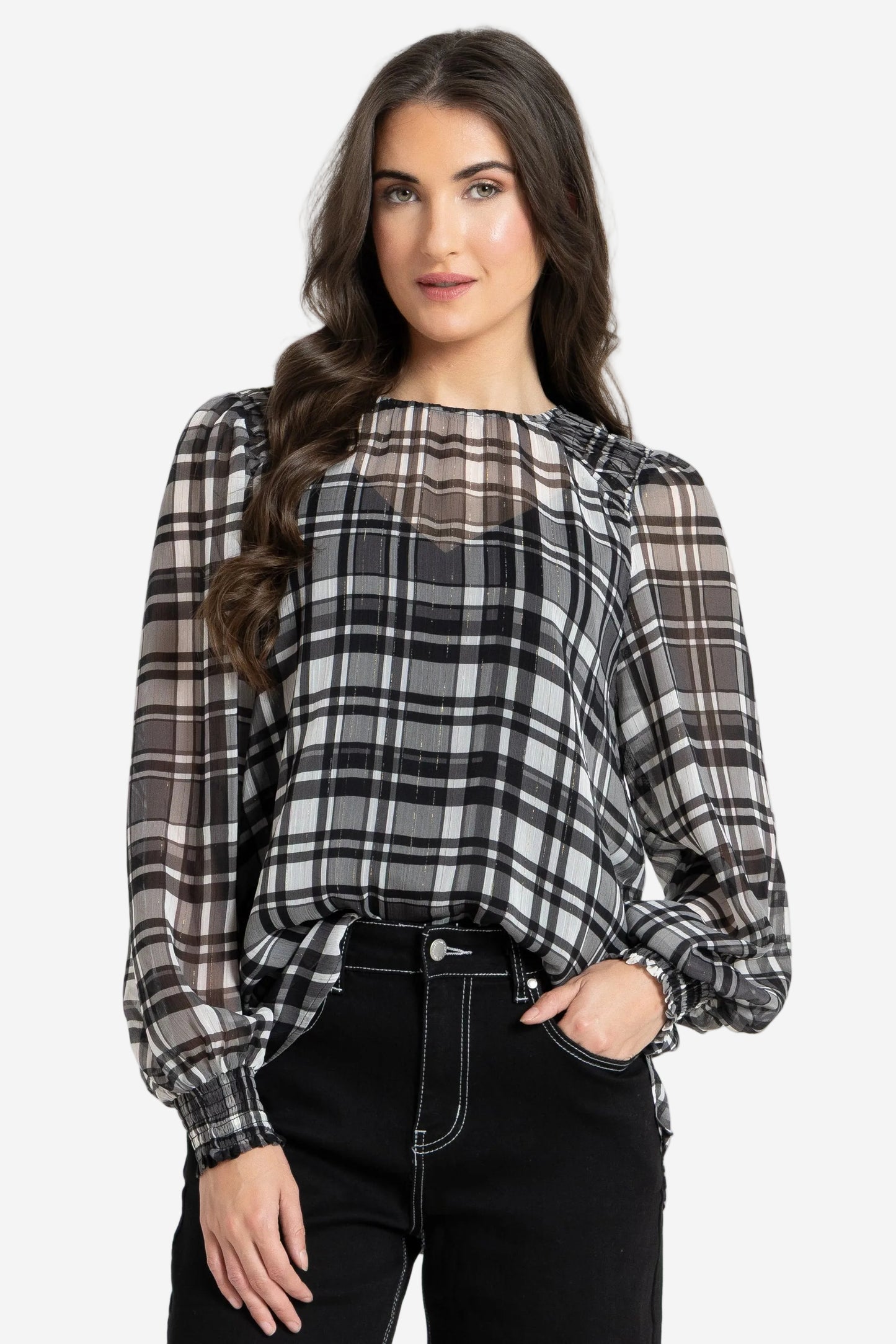 SEEKING LOLA HONEY COMBE BLOUSE - BLACK LUREX CHECK - THE VOGUE STORE