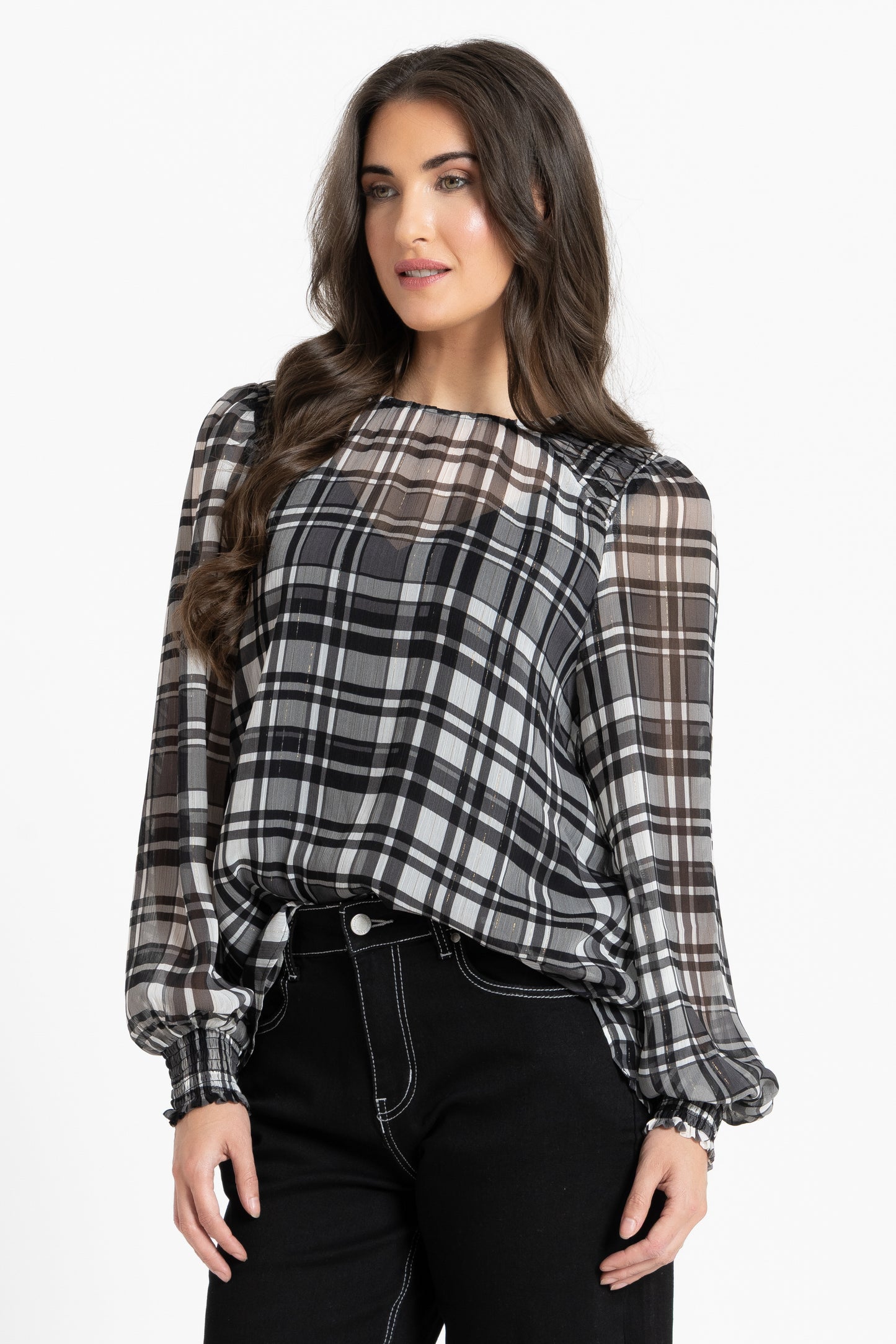 SEEKING LOLA HONEY COMBE BLOUSE - BLACK LUREX CHECK - THE VOGUE STORE
