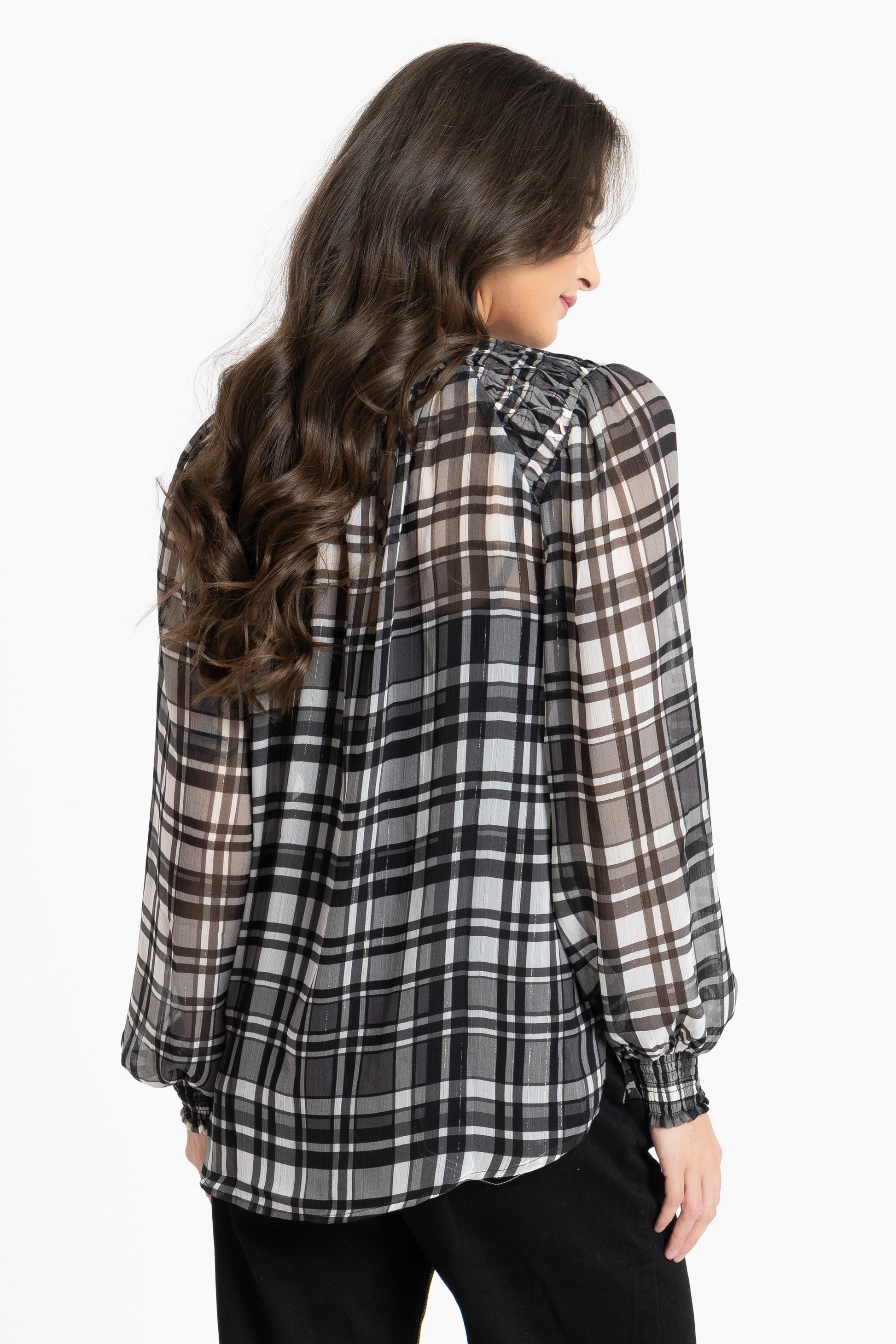 SEEKING LOLA HONEY COMBE BLOUSE - BLACK LUREX CHECK - THE VOGUE STORE
