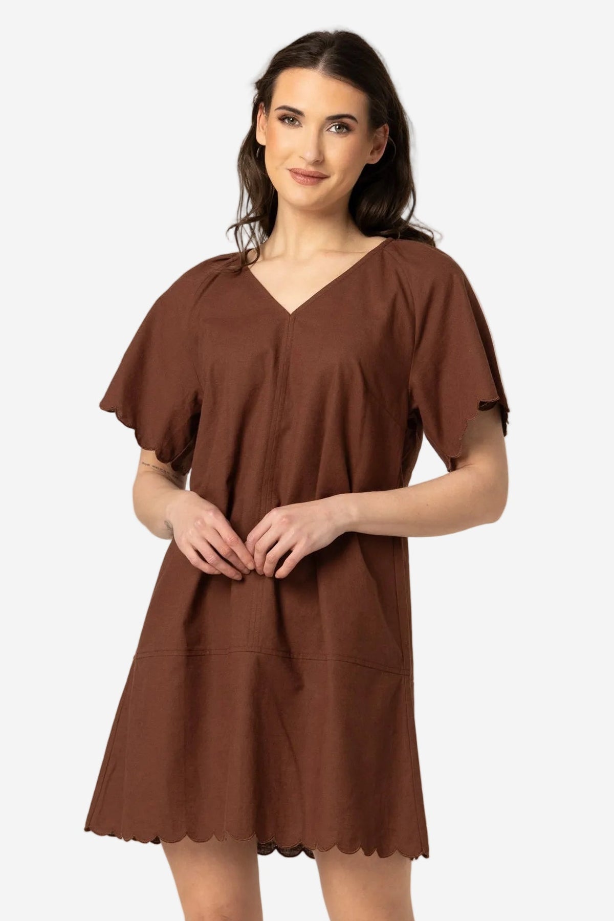 SEEKING LOLA SCALLOP SHORTIE DRESS - CHESTNUT - THE VOGUE STORE