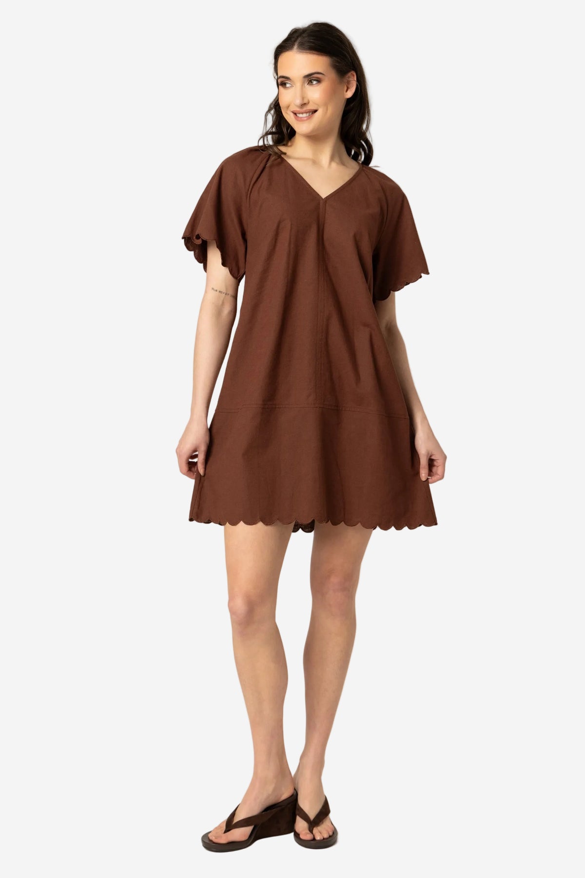 SEEKING LOLA SCALLOP SHORTIE DRESS - CHESTNUT - THE VOGUE STORE