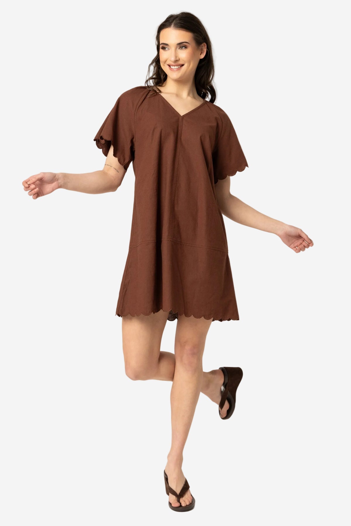 SEEKING LOLA SCALLOP SHORTIE DRESS - CHESTNUT - THE VOGUE STORE