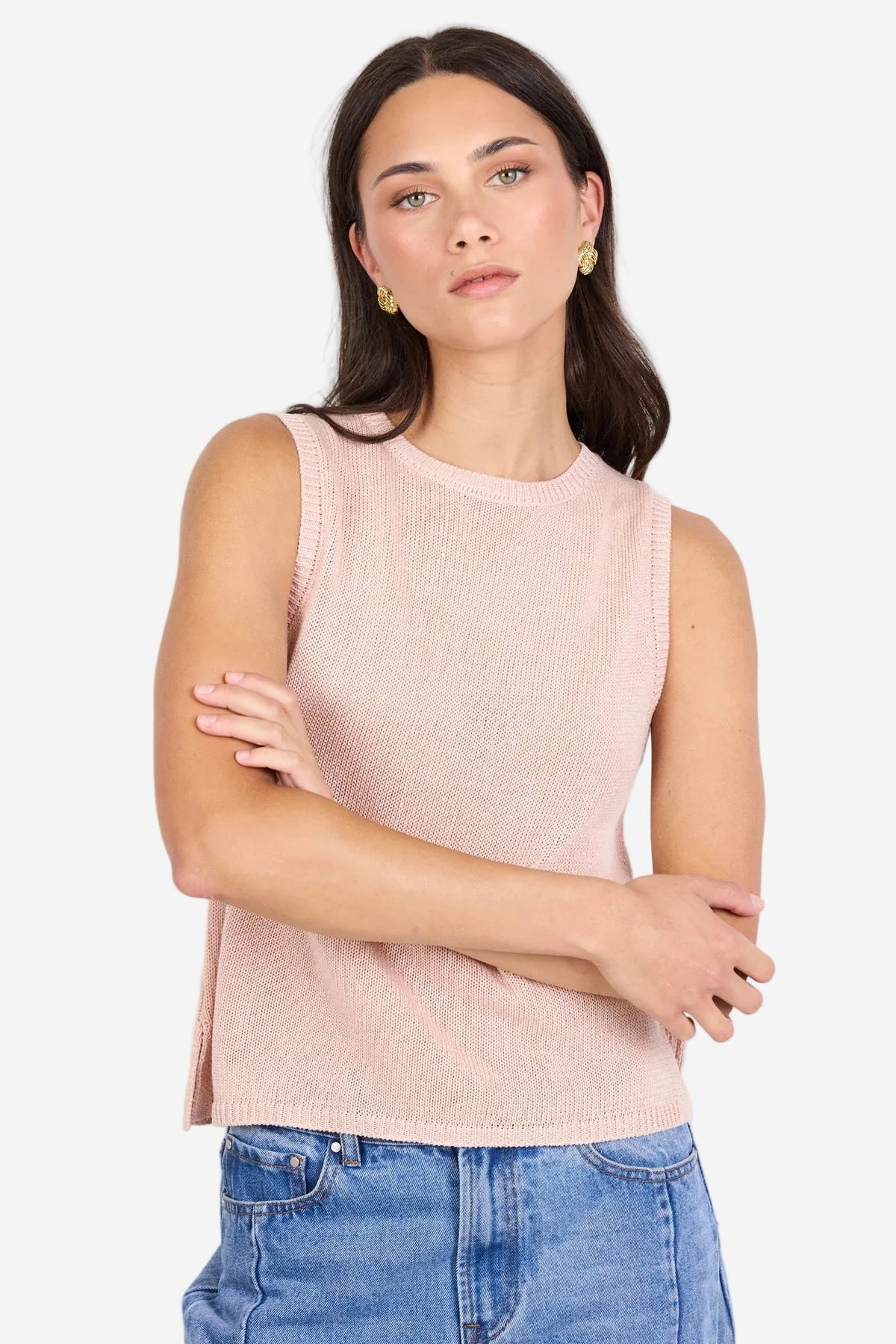 AMONG THE BRAVE SALUTE BLUSH RELAXED SLEEVELESS KNIT TOP - THE VOGUE STORE