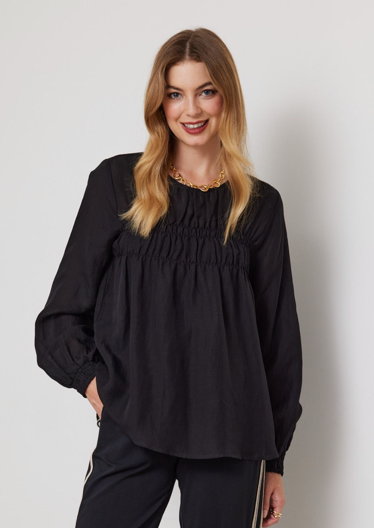 DUO MELINE SHIRRED TOP - BLACK - THE VOGUE STORE