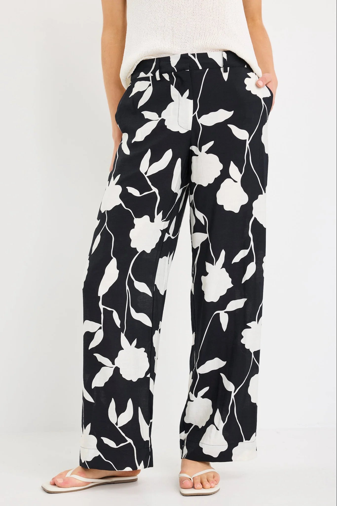 STORIES BE TOLD BENEFICIAL BLACK AND WHITE FLORAL FLAT FRONT ELASTIC BACK PANTS - THE VOGUE STORE