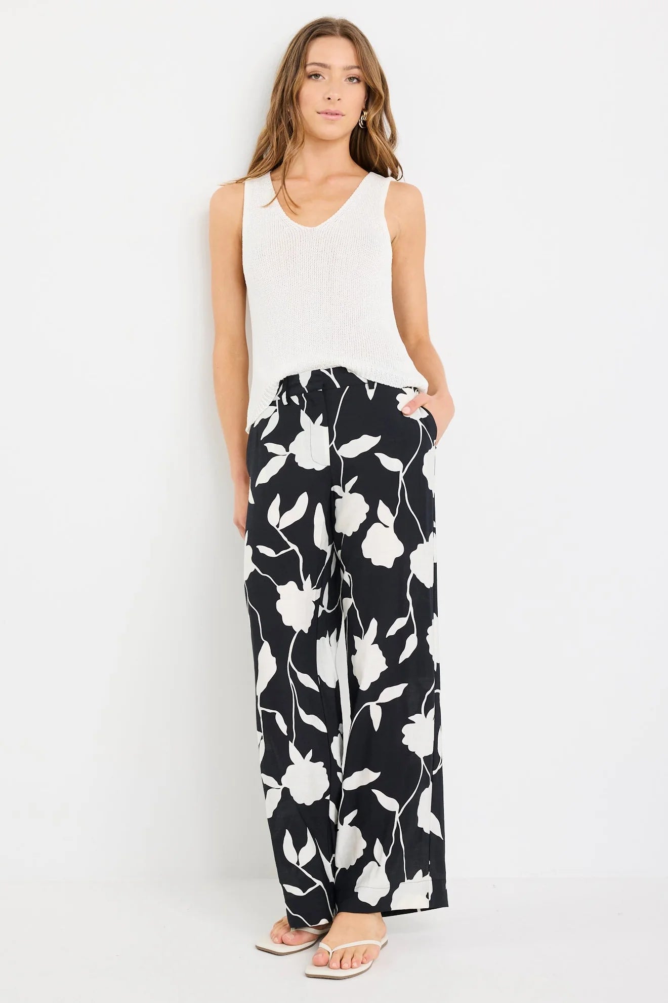 STORIES BE TOLD BENEFICIAL BLACK AND WHITE FLORAL FLAT FRONT ELASTIC BACK PANTS - THE VOGUE STORE