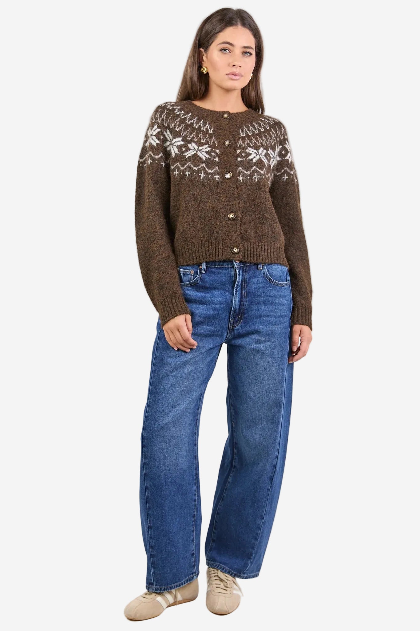 AMONG THE BRAVE SHETLAND CHOCOLATE FAIRISLE DETAIL CARDIGAN- THE VOGUE STORE