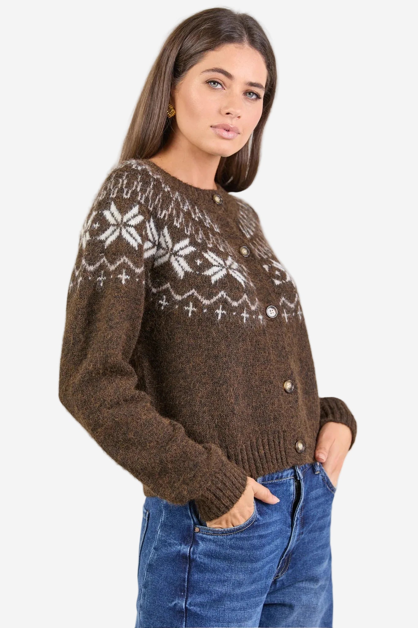 AMONG THE BRAVE SHETLAND CHOCOLATE FAIRISLE DETAIL CARDIGAN- THE VOGUE STORE