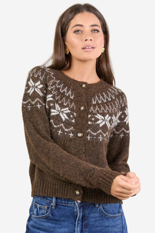 AMONG THE BRAVE SHETLAND CHOCOLATE FAIRISLE DETAIL CARDIGAN- THE VOGUE STORE