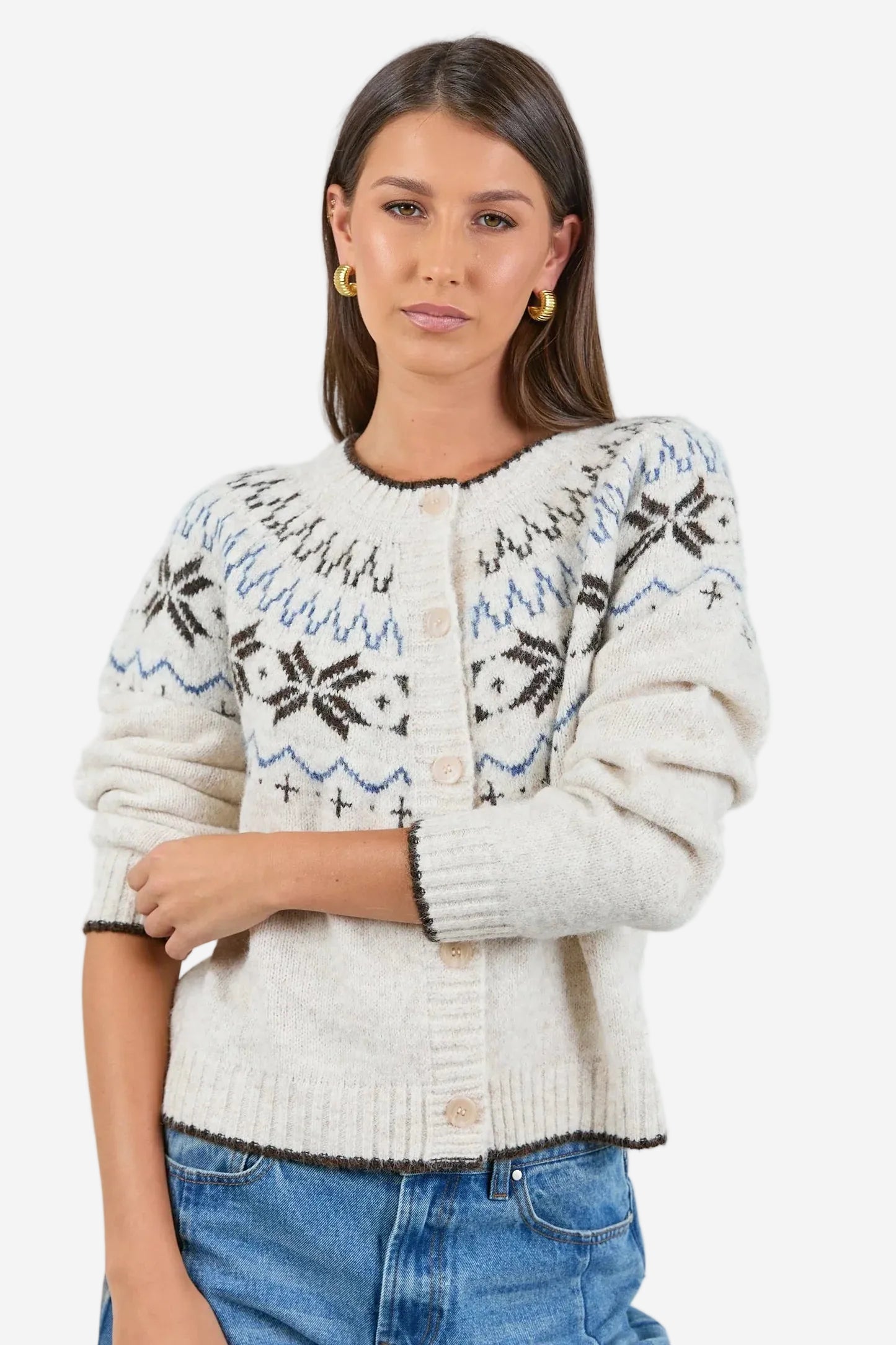AMONG THE BRAVE SHETLAND FAIRISLE DETAIL CARDIGAN - OAT MARLE - THE VOGUE STORE