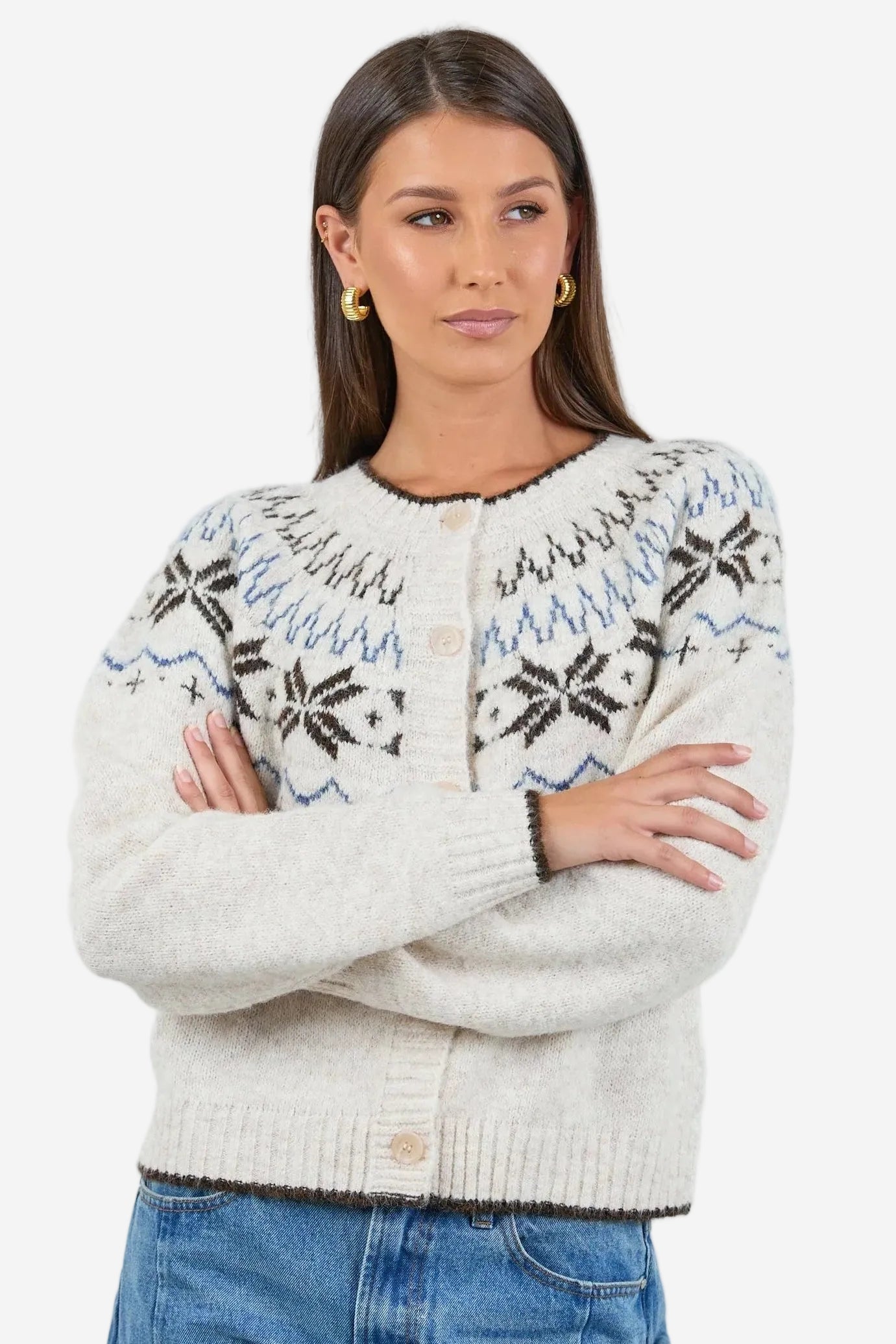 AMONG THE BRAVE SHETLAND FAIRISLE DETAIL CARDIGAN - OAT MARLE - THE VOGUE STORE