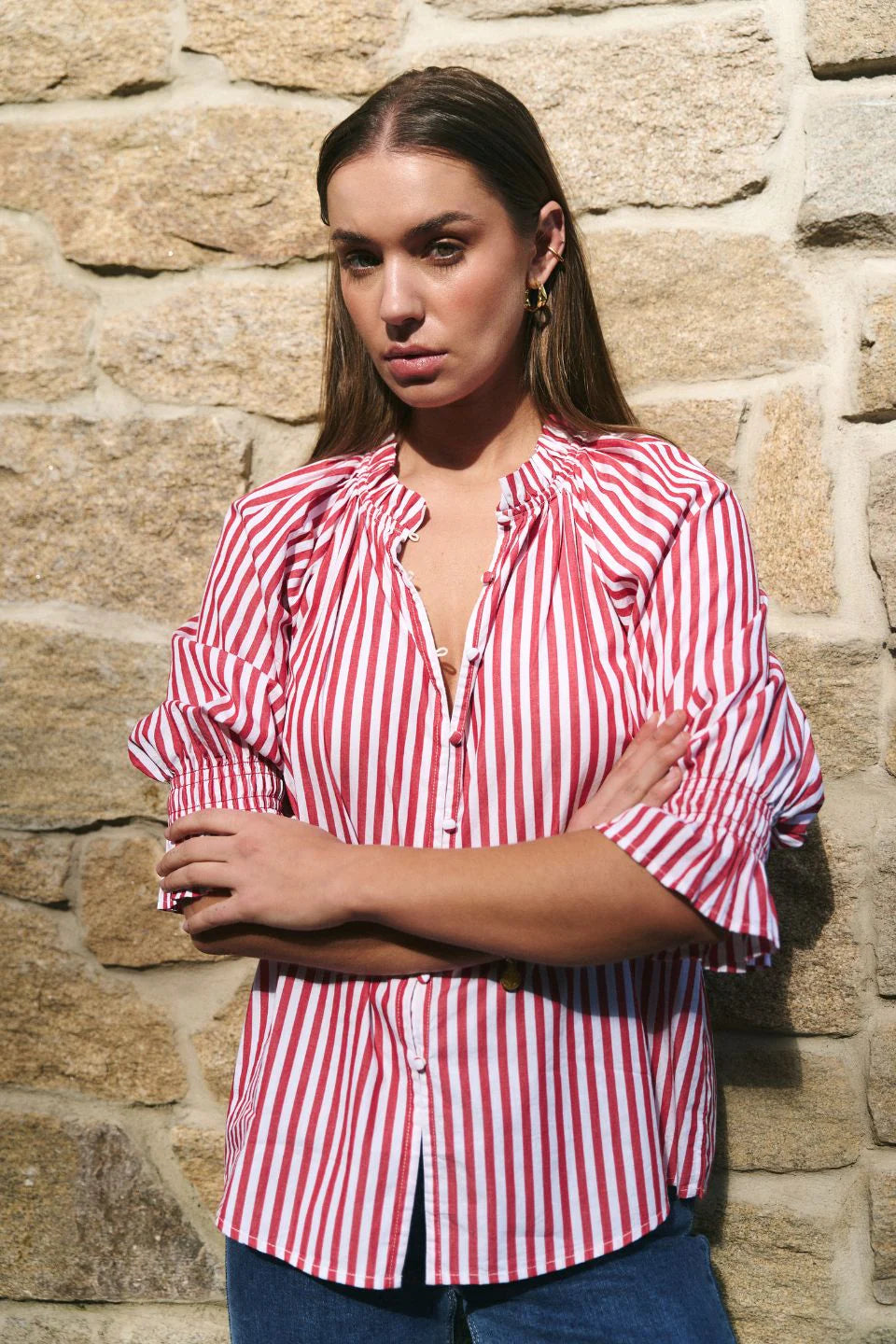 IVY + JACK NOETIC RED STRIPE SHORT SLEEVE BLOUSE - THE VOGUE STORE