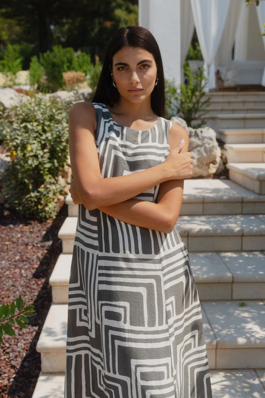 STORIES BE TOLD FUTURE KHAKI MAZE PRINT SLEEVELESS MIDI DRESS - THE VOGUE STORE
